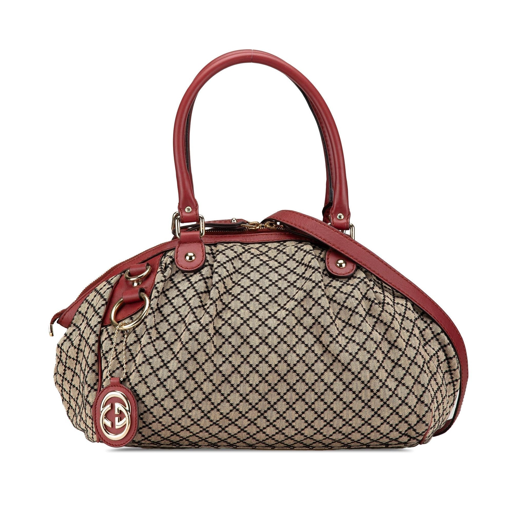 Gucci Diamante Sukey Canvas Calf Brown Red Satchel Bag