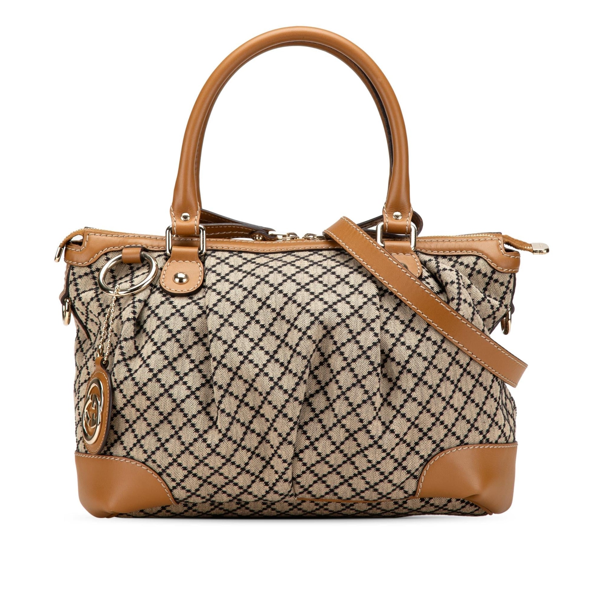 Gucci Diamante Sukey Canvas Calf Brown Satchel Bag