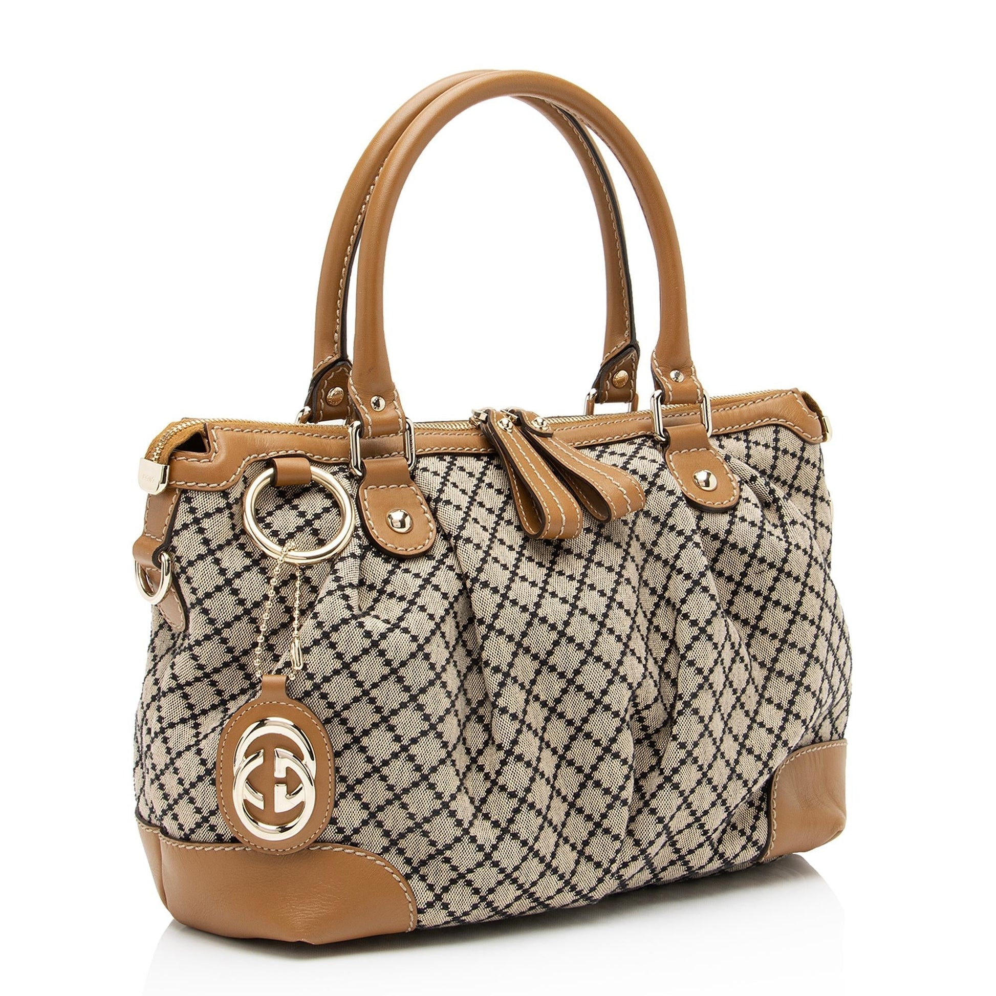Gucci Diamante Sukey Top Handle SHF Leather Canvas Brown Beige Satchel Bag