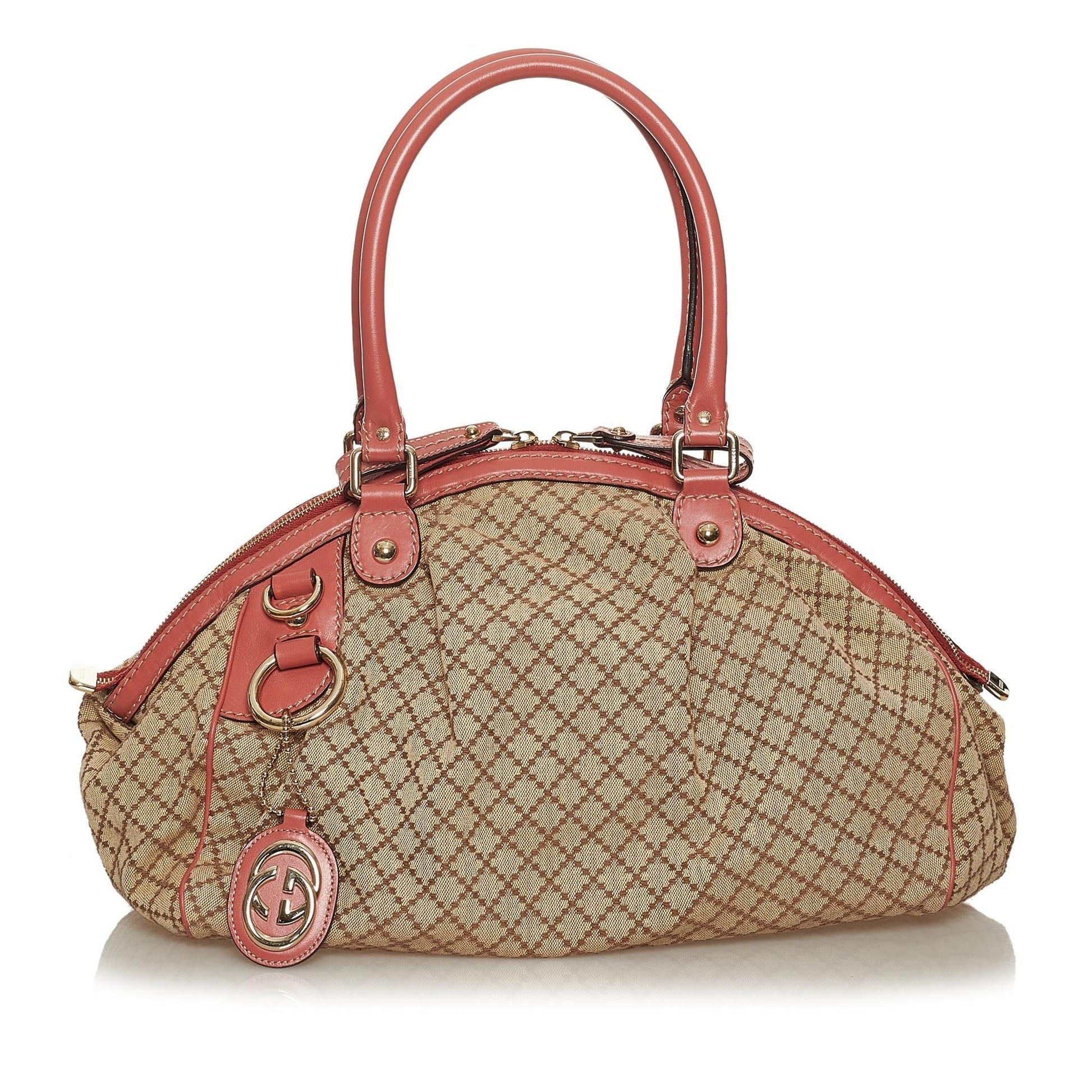 Gucci Diamante Sukey SHG Canvas Brown Pink Satchel Bag Handbag Shg
