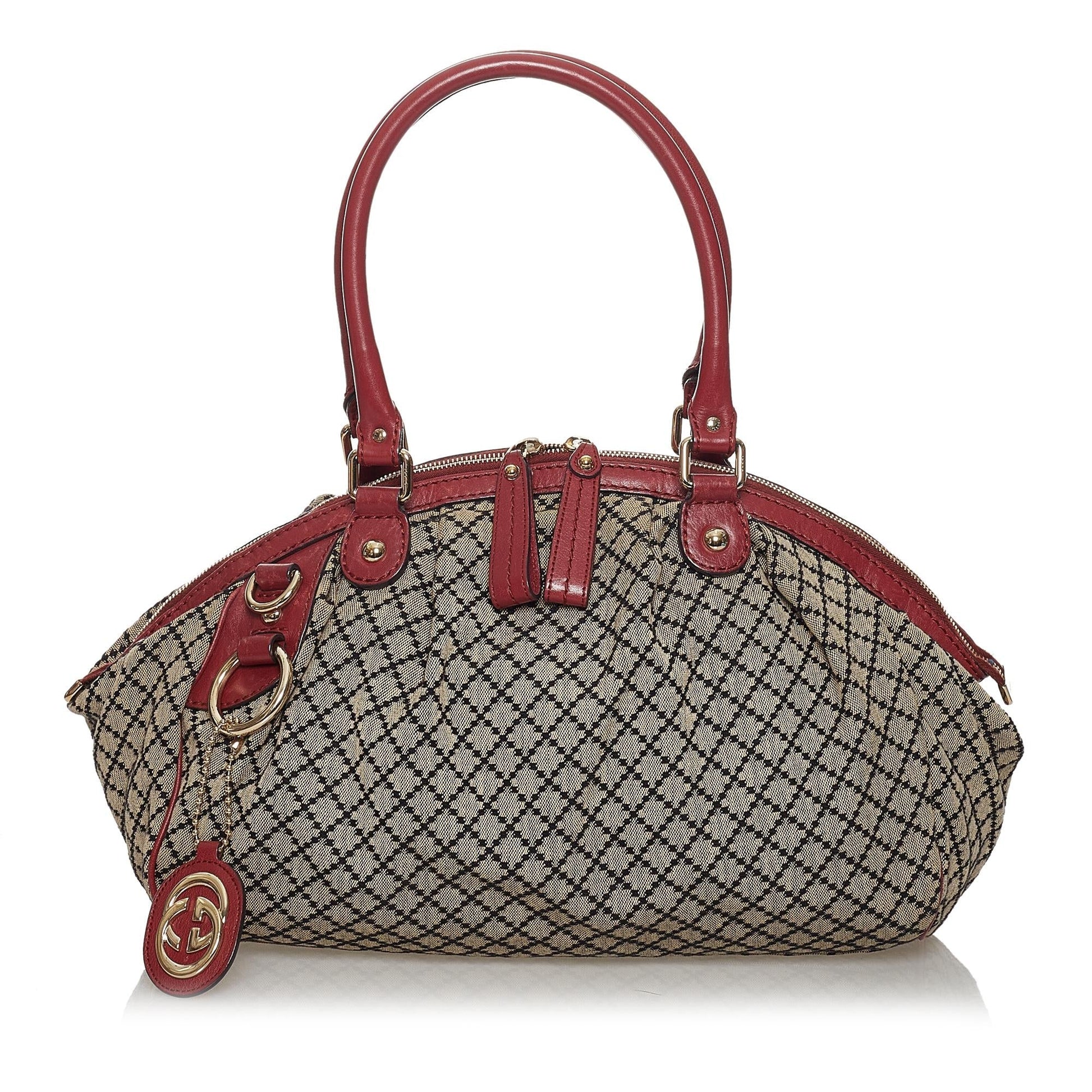 Gucci Diamante Sukey SHG Canvas Calf Brown Red Satchel Bag