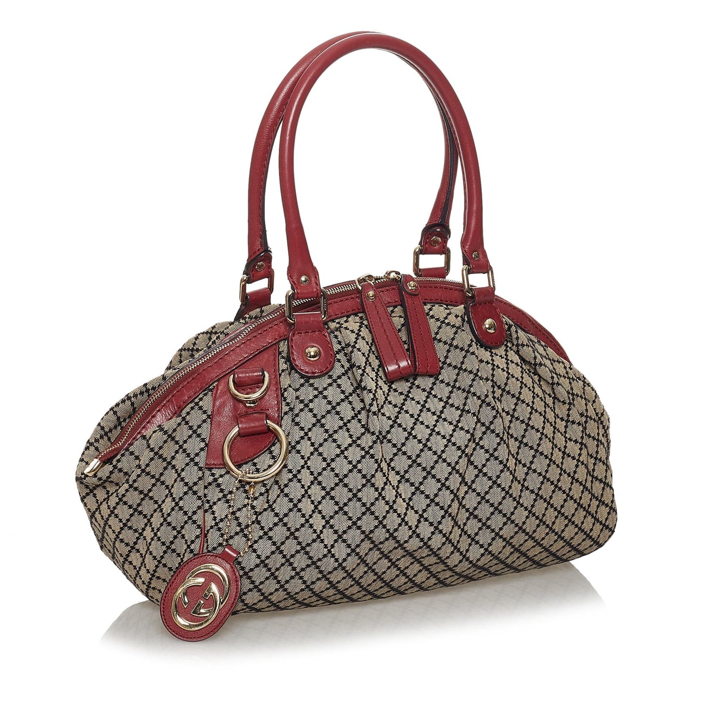 Gucci Diamante Sukey SHG Canvas Calf Brown Red Satchel Bag