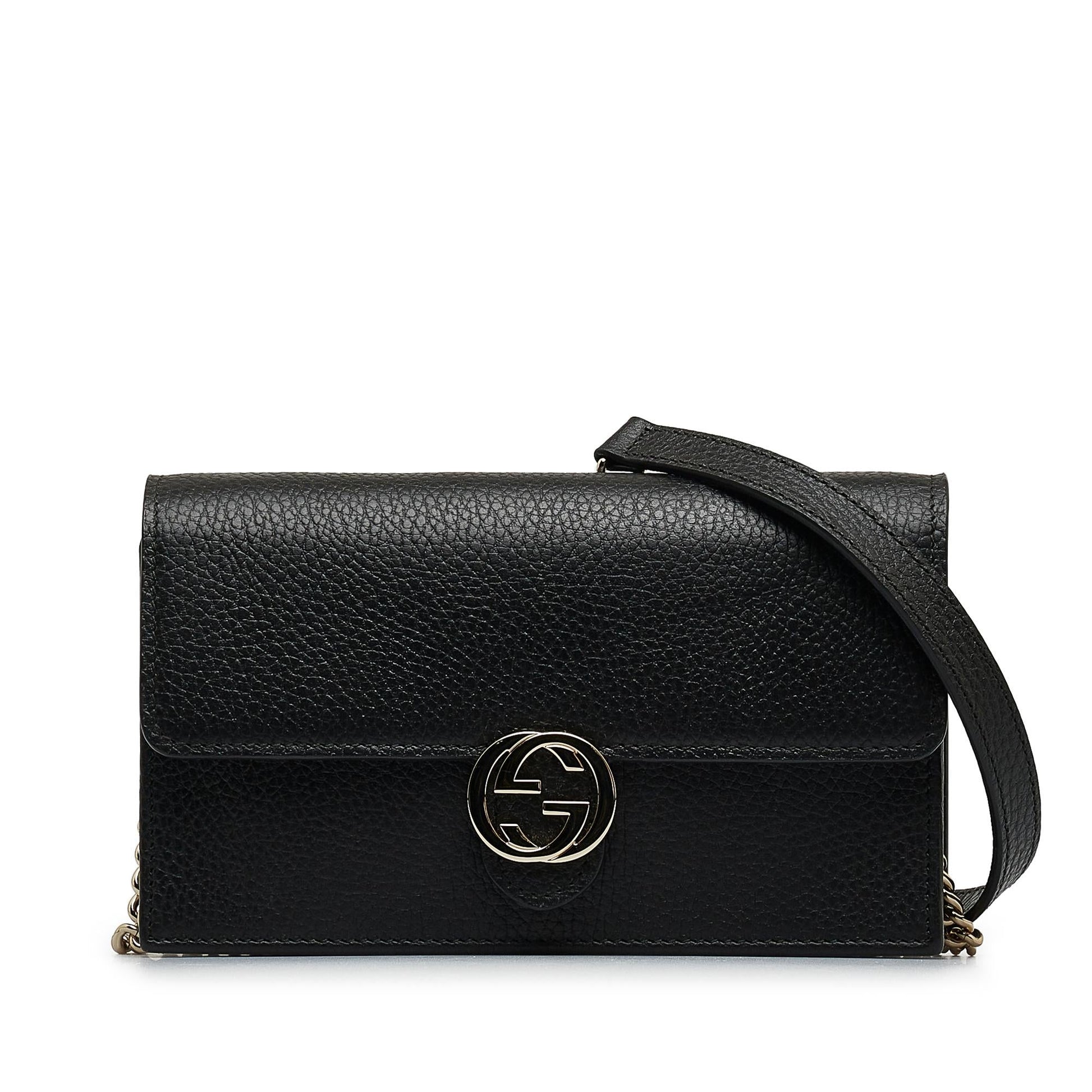 Gucci Dollar Interlocking G Wallet on Calf Black Chain Crossbody Bag Shg I2Yfgn
