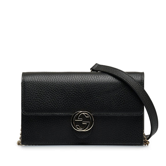 Gucci Dollar Interlocking G Wallet on Calf Black Chain Crossbody Bag Shg I2Yfgn