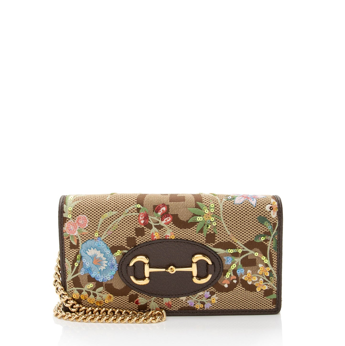 Gucci Embroidered Jumbo GG Horsebit Wallet Leather Canvas Brown Chain Crossbody Bag