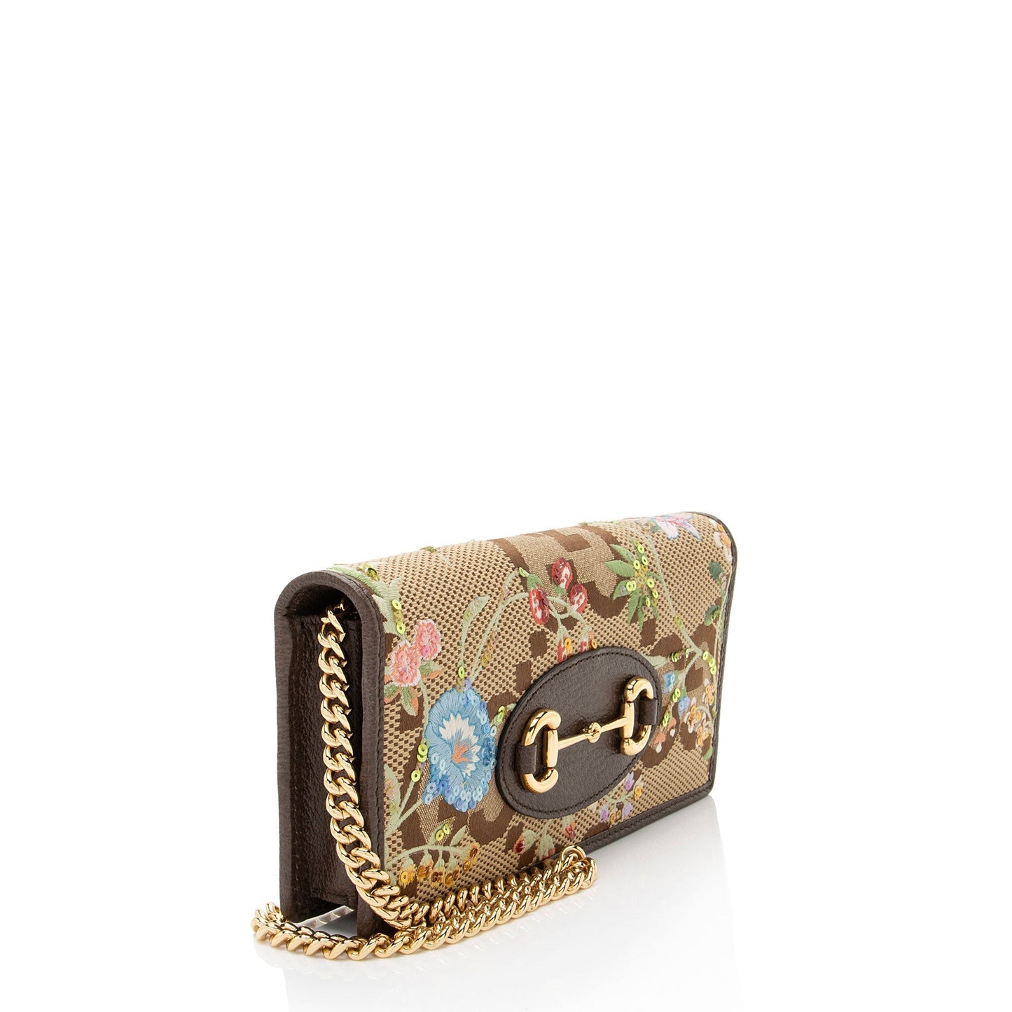 Gucci Embroidered Jumbo GG Horsebit Wallet Leather Canvas Brown Chain Crossbody Bag