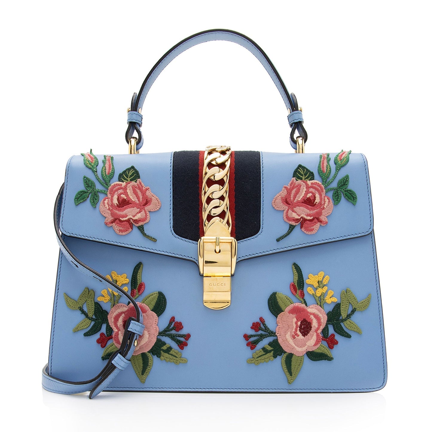 Gucci Embroidered Floral Sylvie SHF-7G6W1J Leather Nylon Blue Top Handle Satchel Bag
