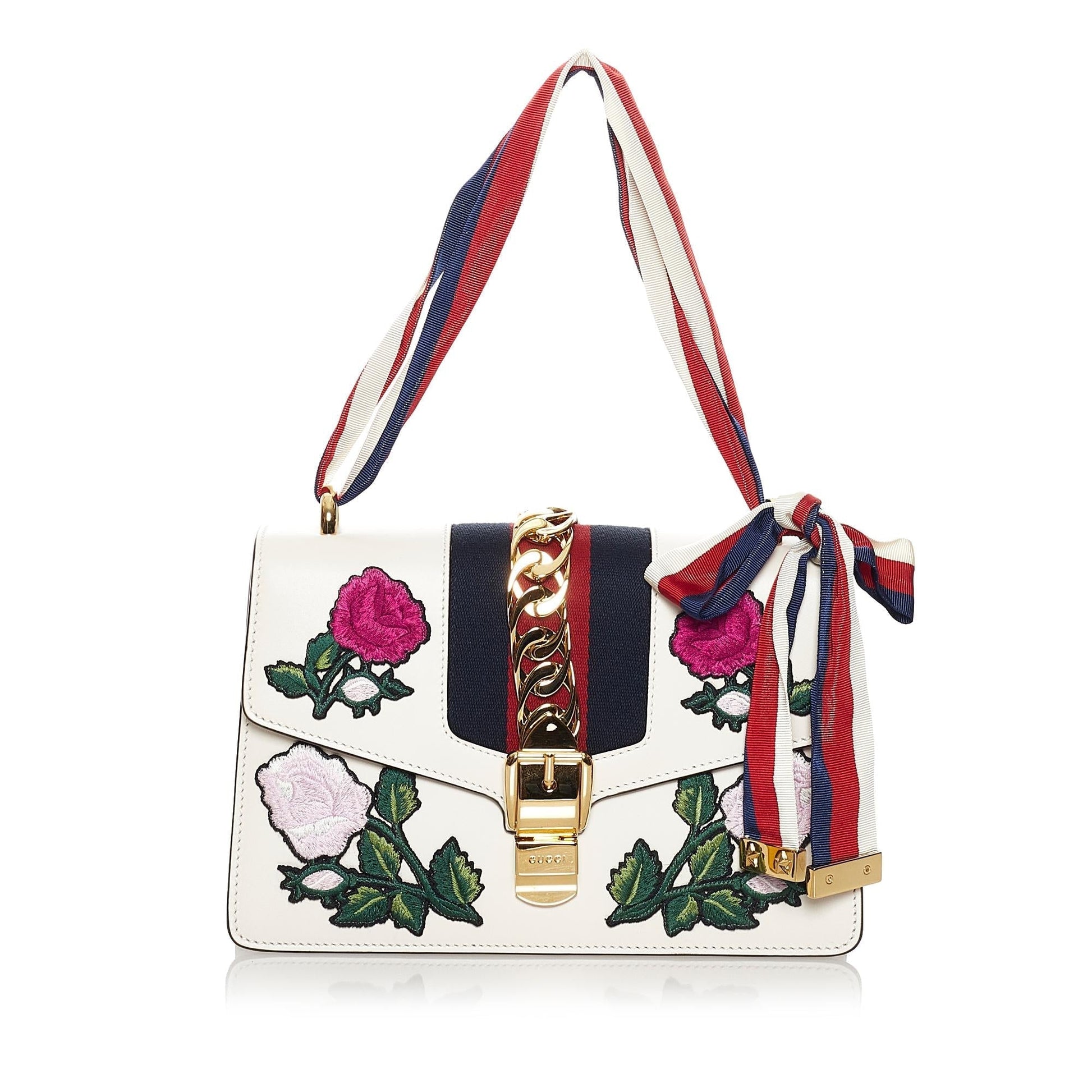 Gucci Embroidered Sylvie SHG Leather Calf White Shoulder Bag