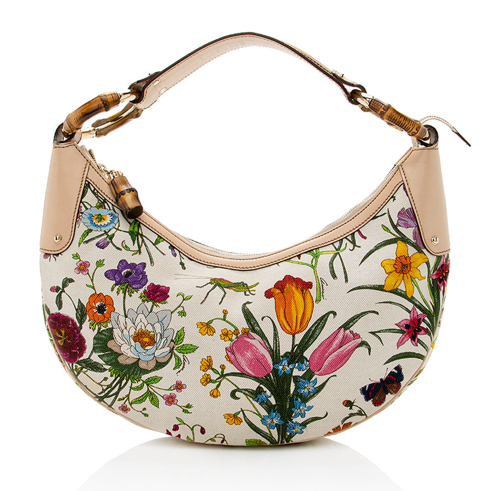 Gucci Flora Bamboo Half Moon SHF Leather Canvas White Medium Shoulder Bag