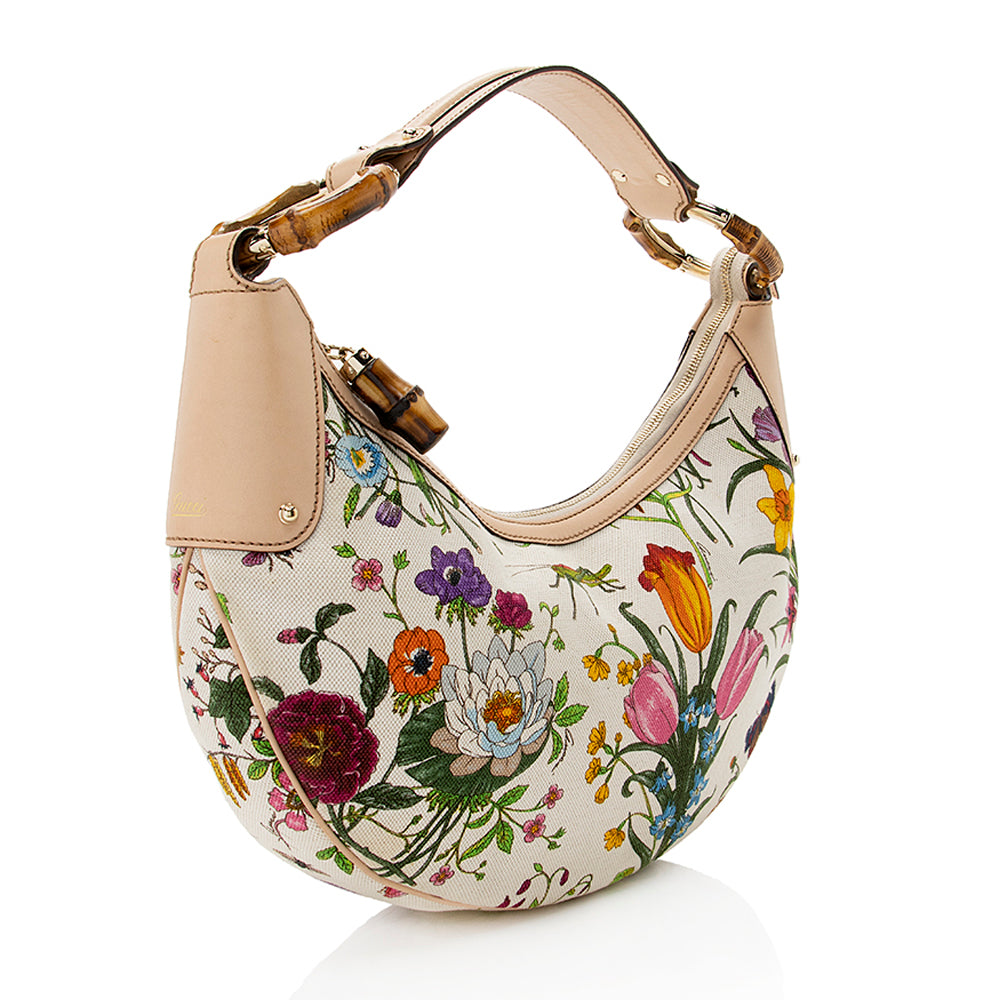 Gucci Flora Bamboo Half Moon SHF Leather Canvas White Medium Shoulder Bag