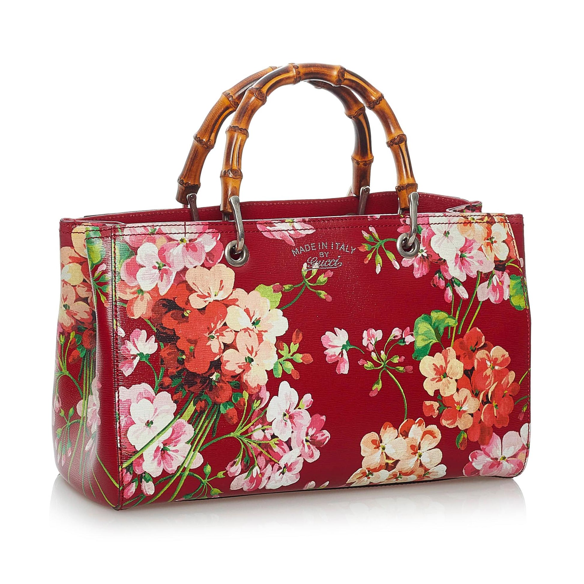 Gucci Flora Bamboo Shopper SHG Leather Calf Red Satchel Bag