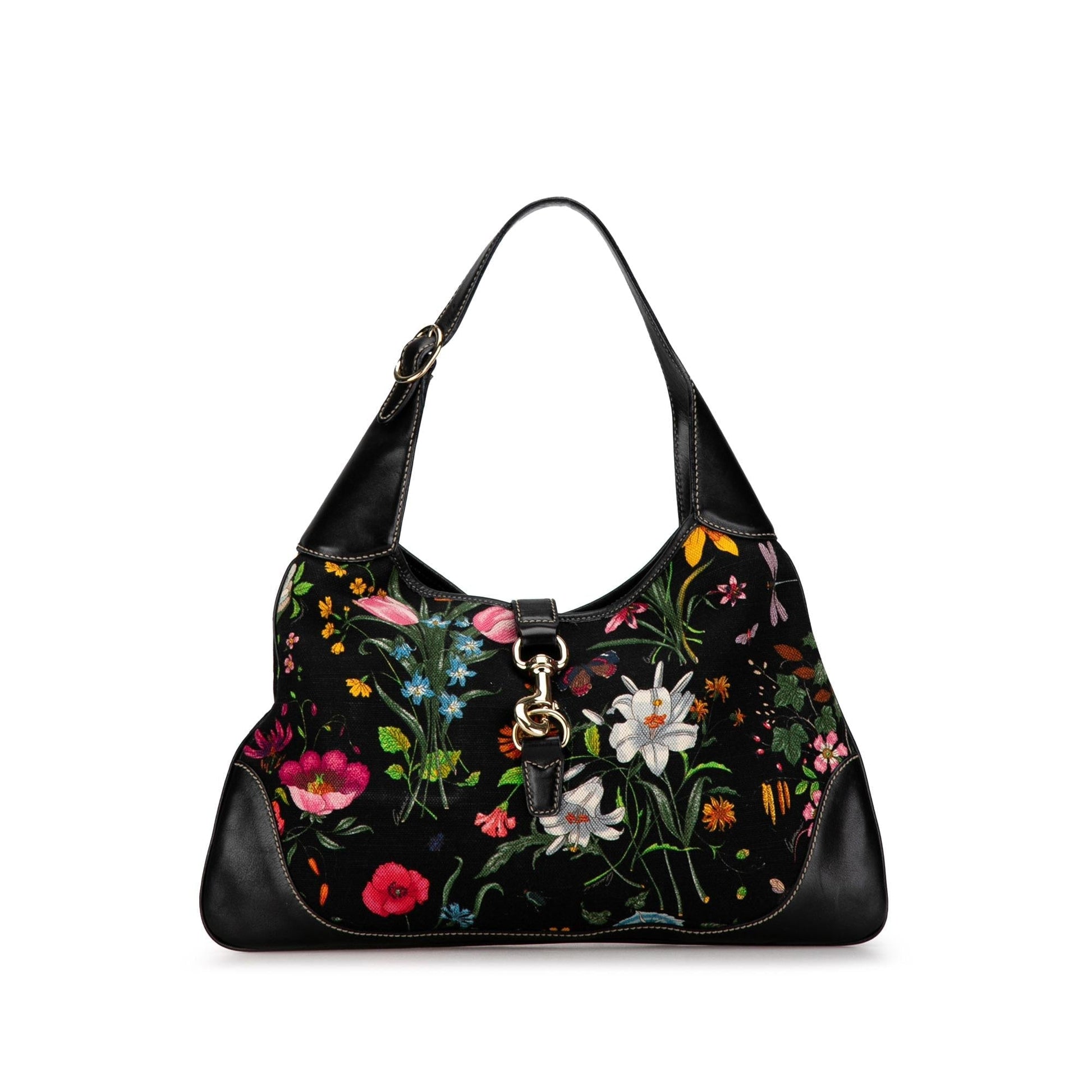 Gucci Flora Jackie O Bouvier SHG-N0nf1j Canvas Calf Black Shoulder Bag