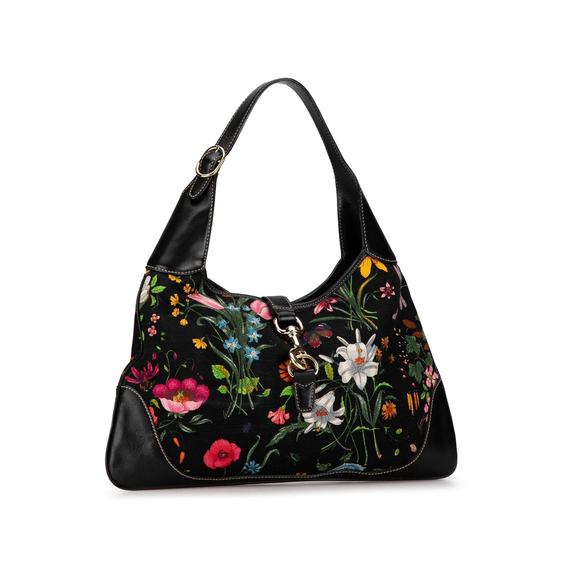 Gucci Flora Jackie O Bouvier SHG-N0nf1j Canvas Calf Black Shoulder Bag