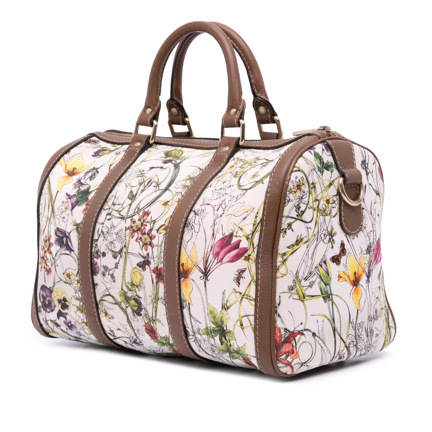 Gucci Flora Joy Boston Canvas Calf White Satchel Bag