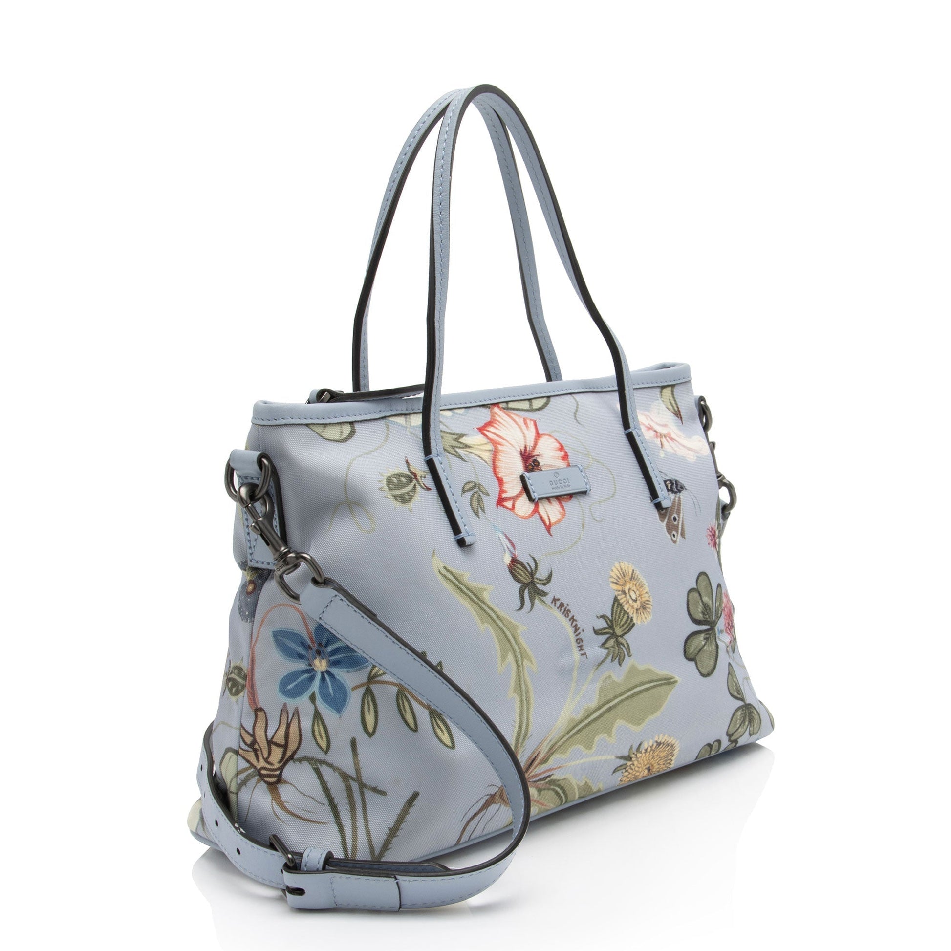 Gucci Flora Zip SHF-0uKTTK Leather Canvas Blue Medium Tote Bag