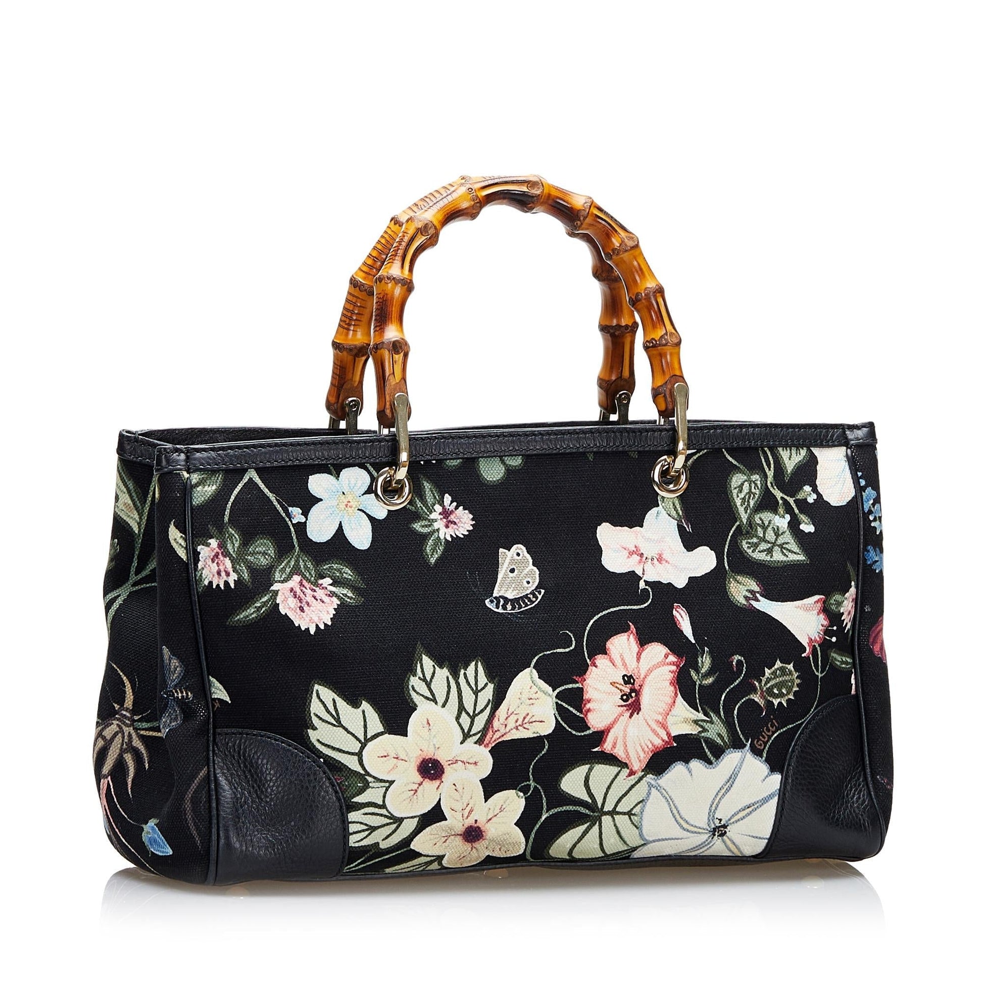 Gucci Flora Knight Bamboo Shopper SHG Canvas Black Satchel Bag