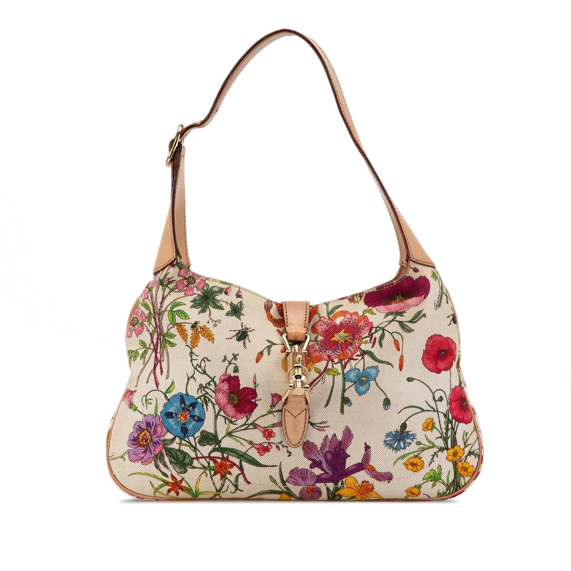 Gucci Flora New Jackie SHG-3GVtqV Canvas Calf White Shoulder Bag