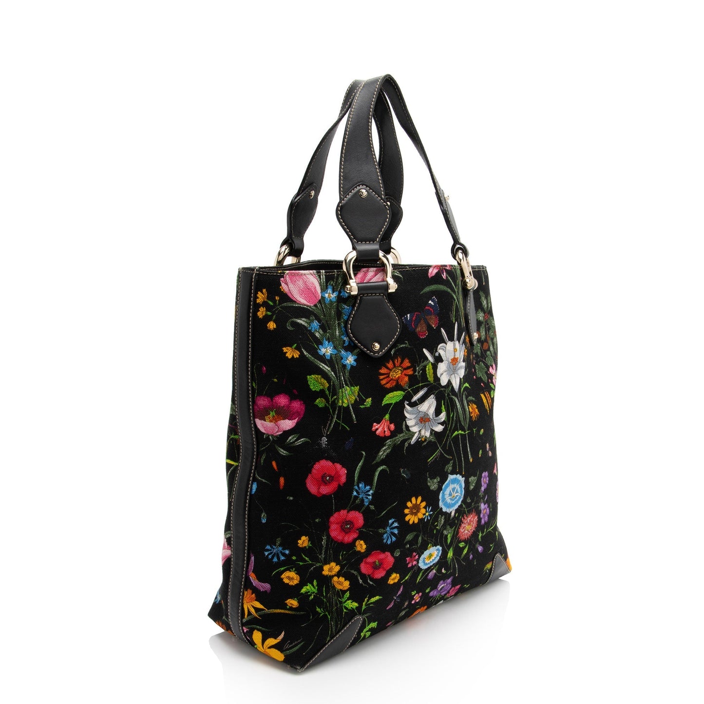 Gucci Floral Creole SHF-aD7V3p Leather Canvas Black Large Tote Bag
