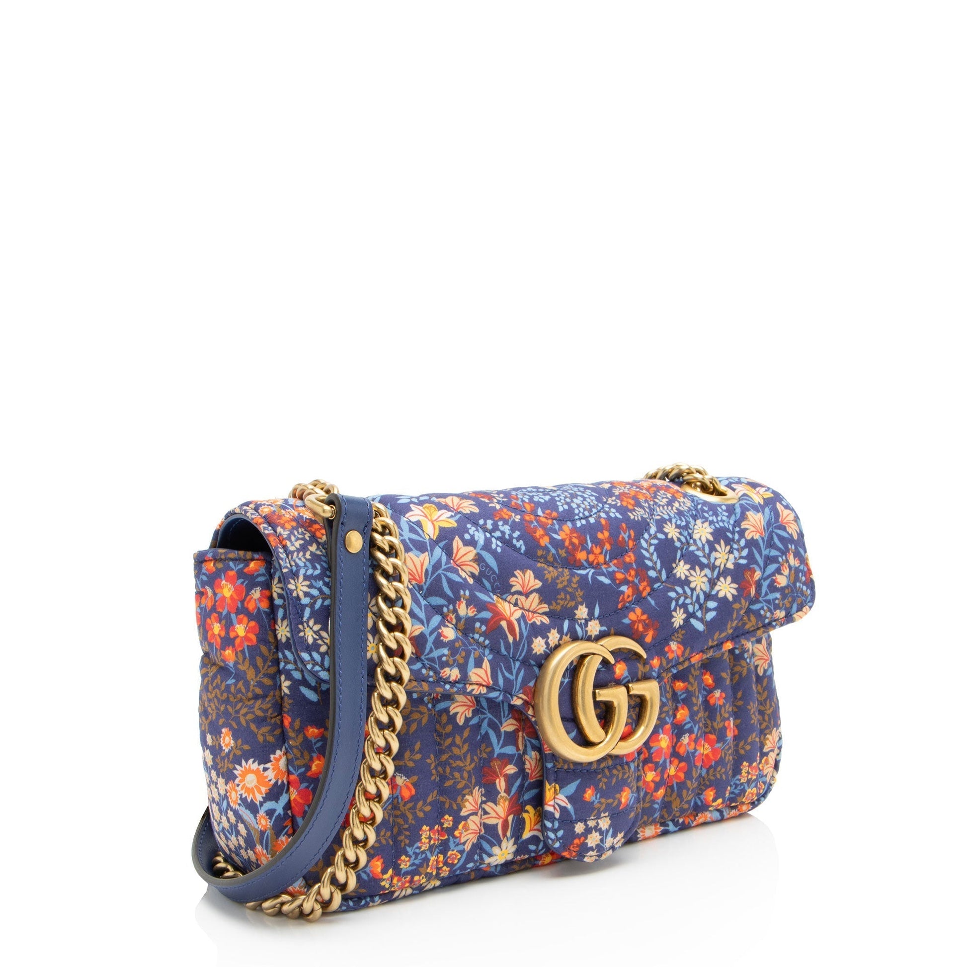 Gucci Floral Cotton GG Marmont Flap Matelasse Leather Blue Small Crossbody Bag