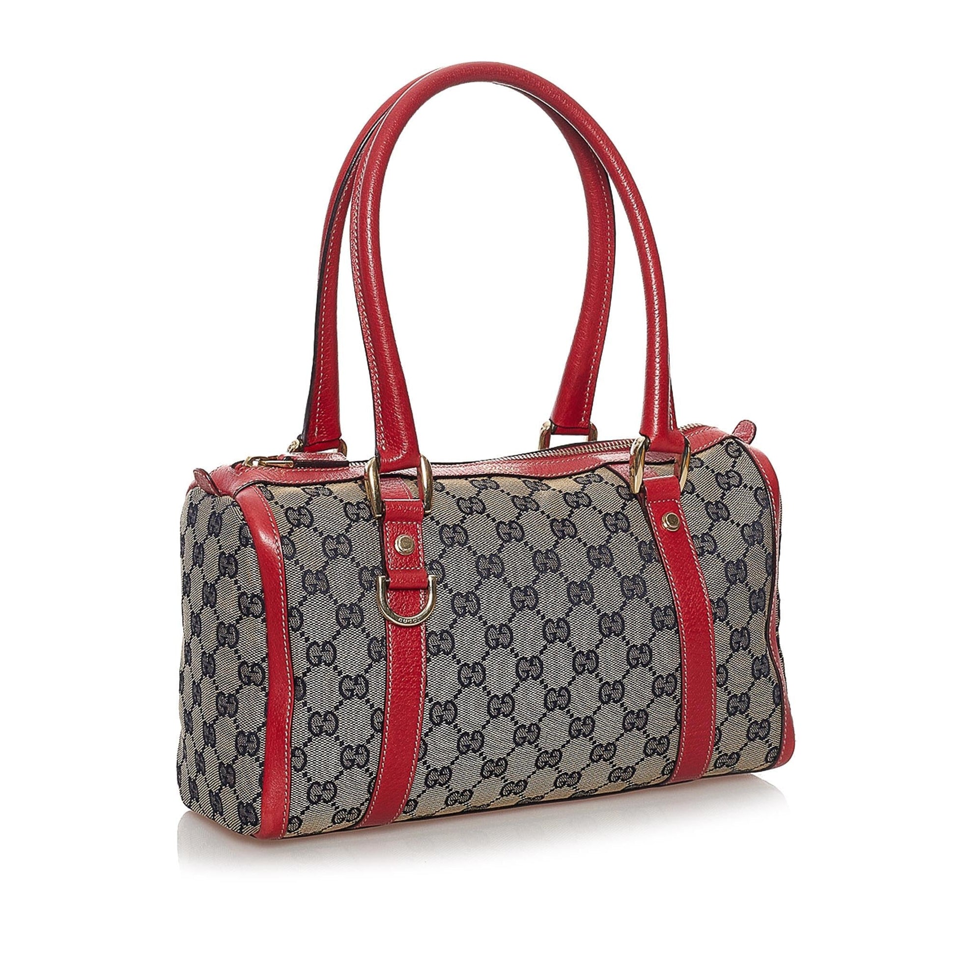 Gucci GG Abbey Boston SHG Canvas Calf Red Grey Satchel Bag