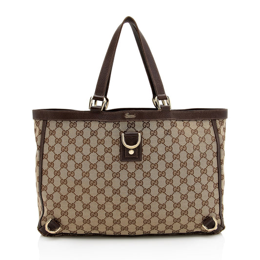 Gucci GG Abbey SHF Leather Canvas Brown Beige Tote Bag