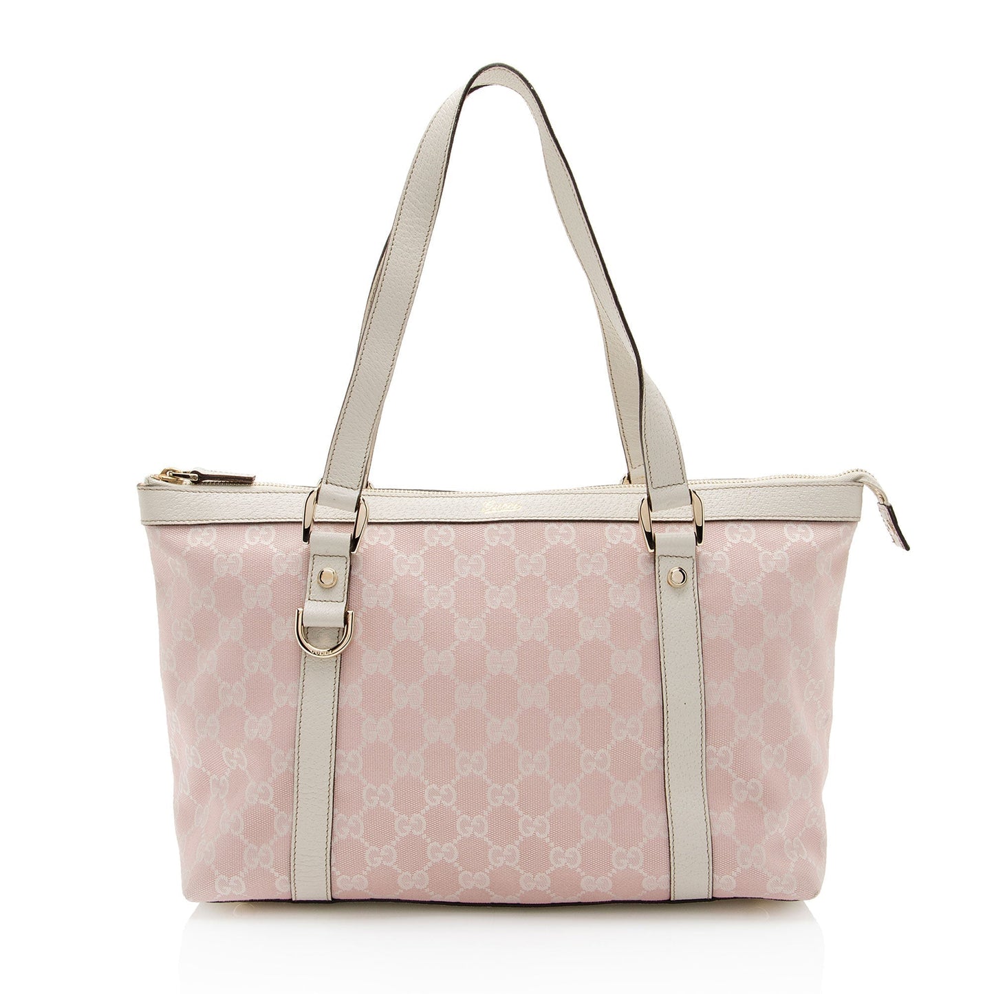 Gucci GG Abbey SHF-M6QWPr Leather Canvas White Pink Tote Bag