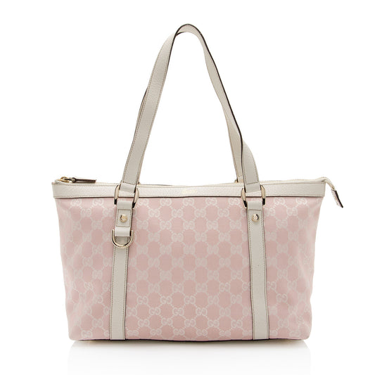 Gucci GG Abbey SHF-M6QWPr Leather Canvas White Pink Tote Bag
