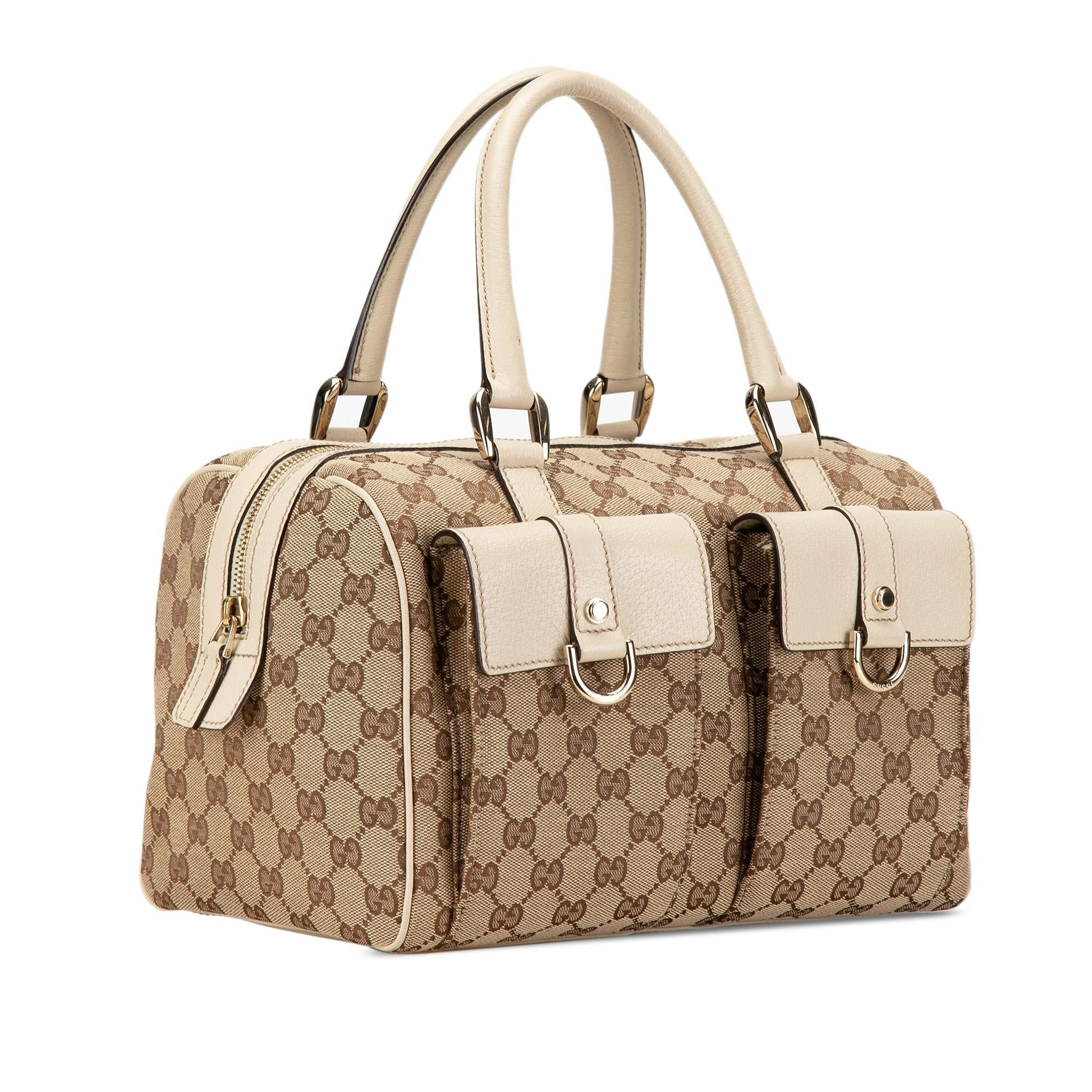 Gucci GG Abbey Pocket Boston SHG-RNdAnr Canvas Calf White Brown Satchel Bag