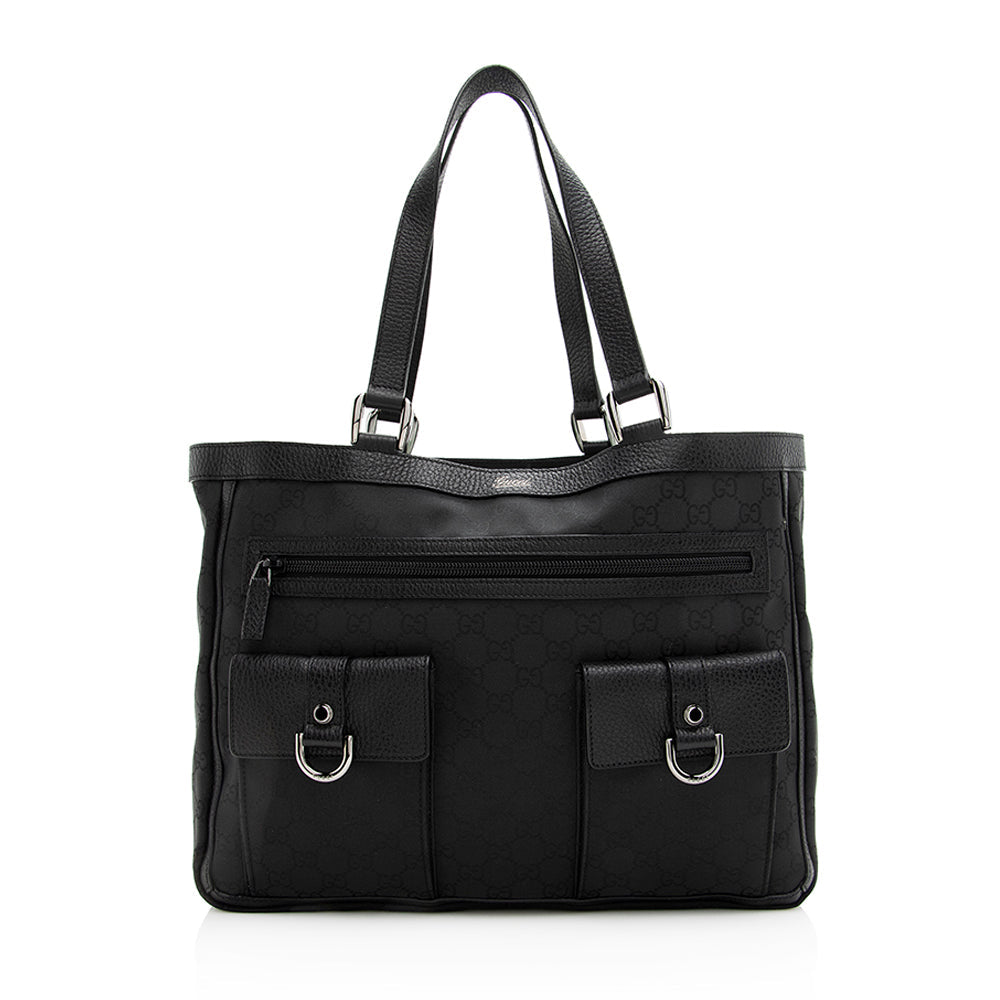 Gucci GG Abbey Pocket SHF Leather Canvas Black Tote Bag