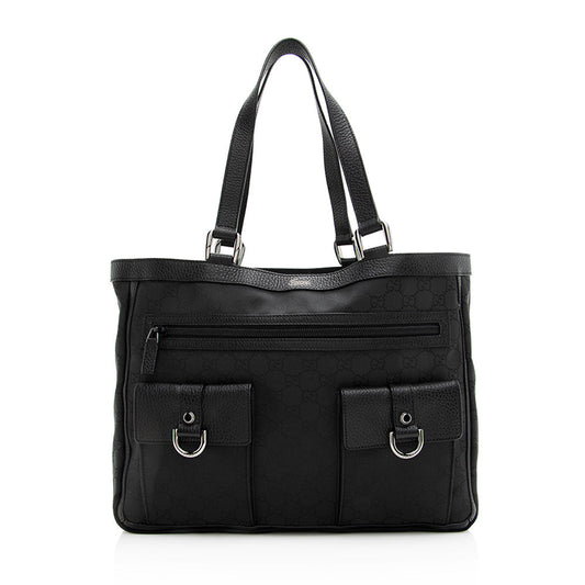 Gucci GG Abbey Pocket SHF Leather Canvas Black Tote Bag
