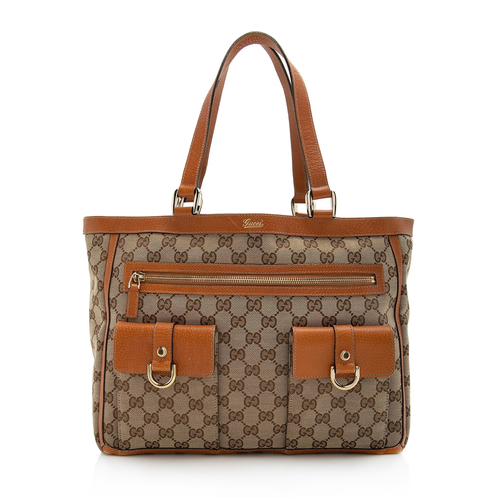 Gucci GG Abbey Pocket SHF Leather Canvas Beige Orange Tote Bag