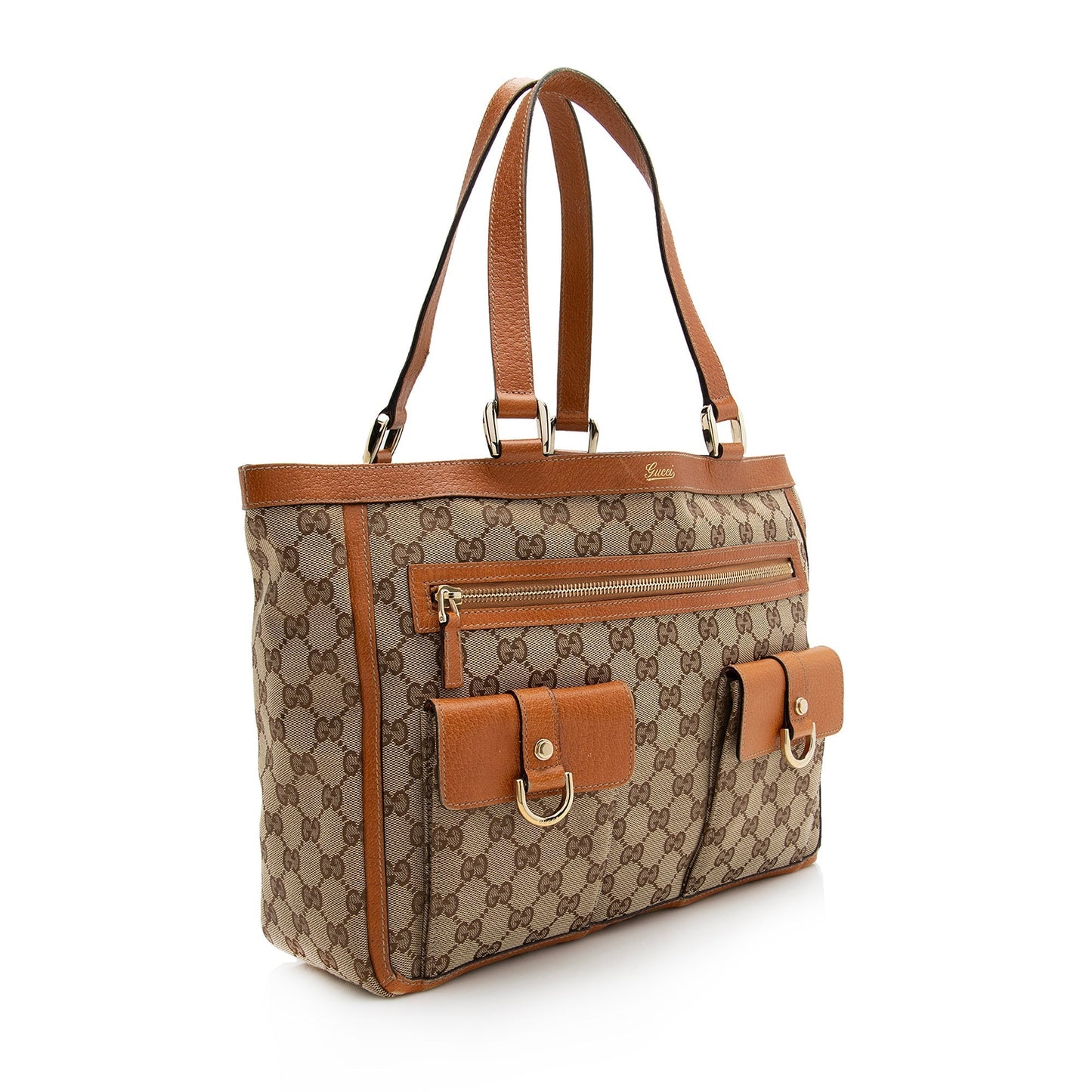 Gucci GG Abbey Pocket SHF Leather Canvas Beige Orange Tote Bag
