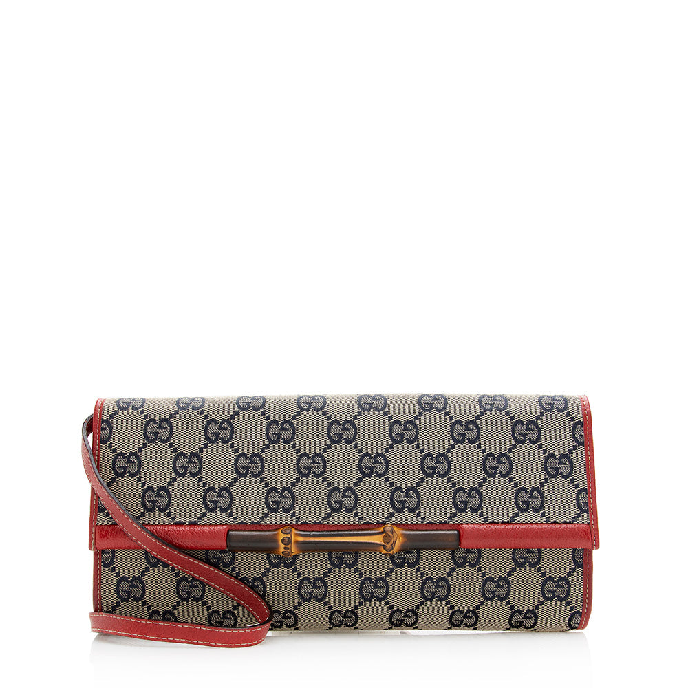 Gucci GG Bamboo Bar SHF Leather Canvas Blue Red Clutch Bag