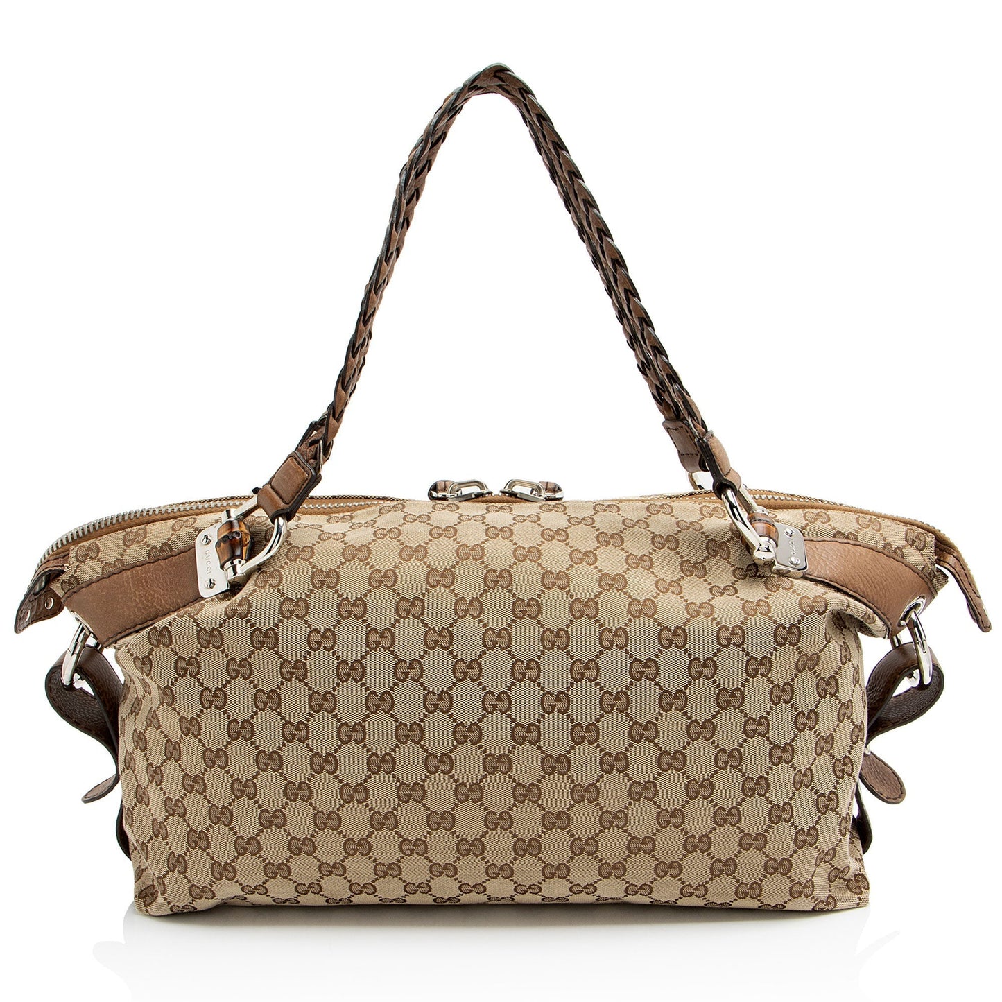 Gucci GG Bamboo Bar Leather Canvas Brown Medium Tote Bag