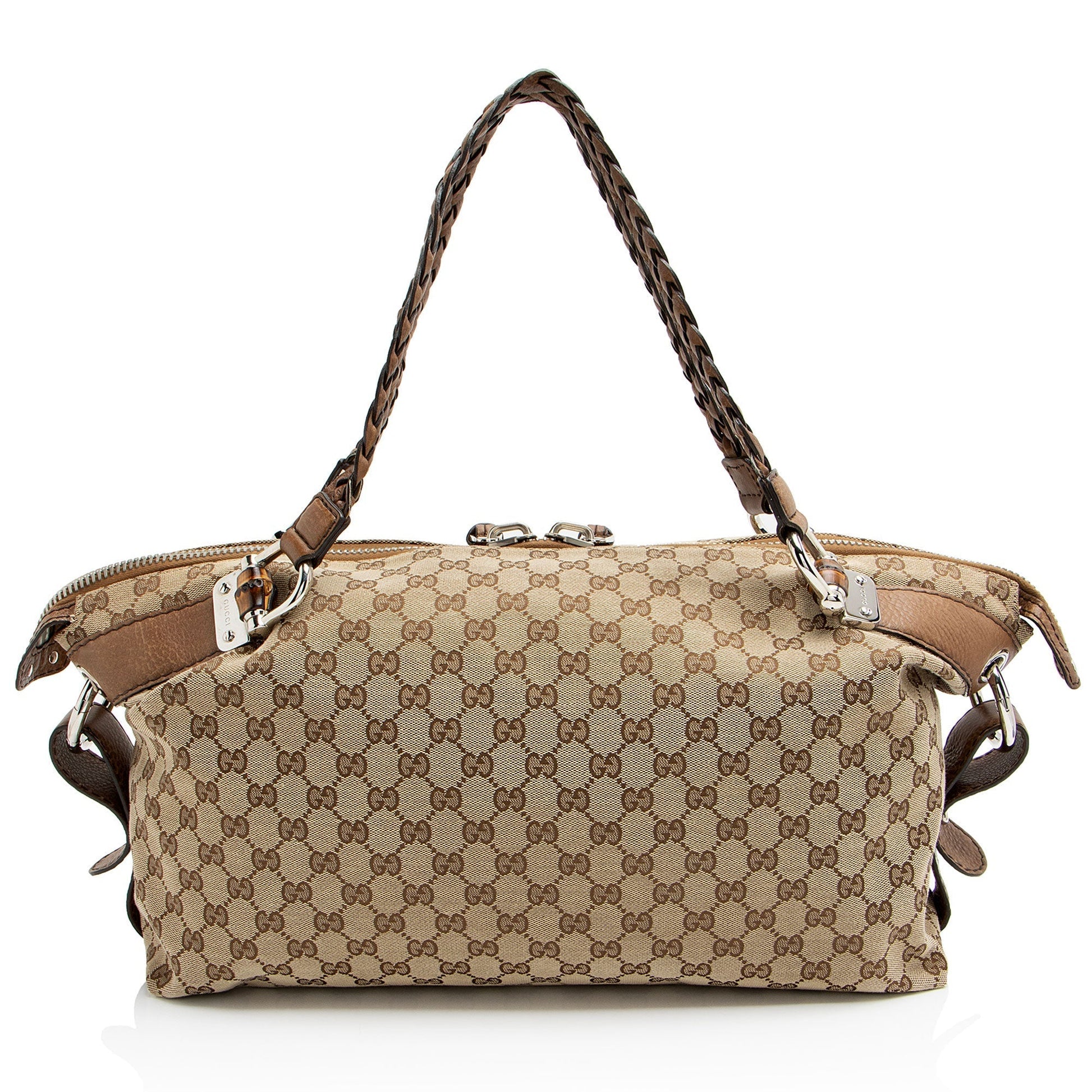 Gucci GG Bamboo Bar Leather Canvas Brown Medium Tote Bag