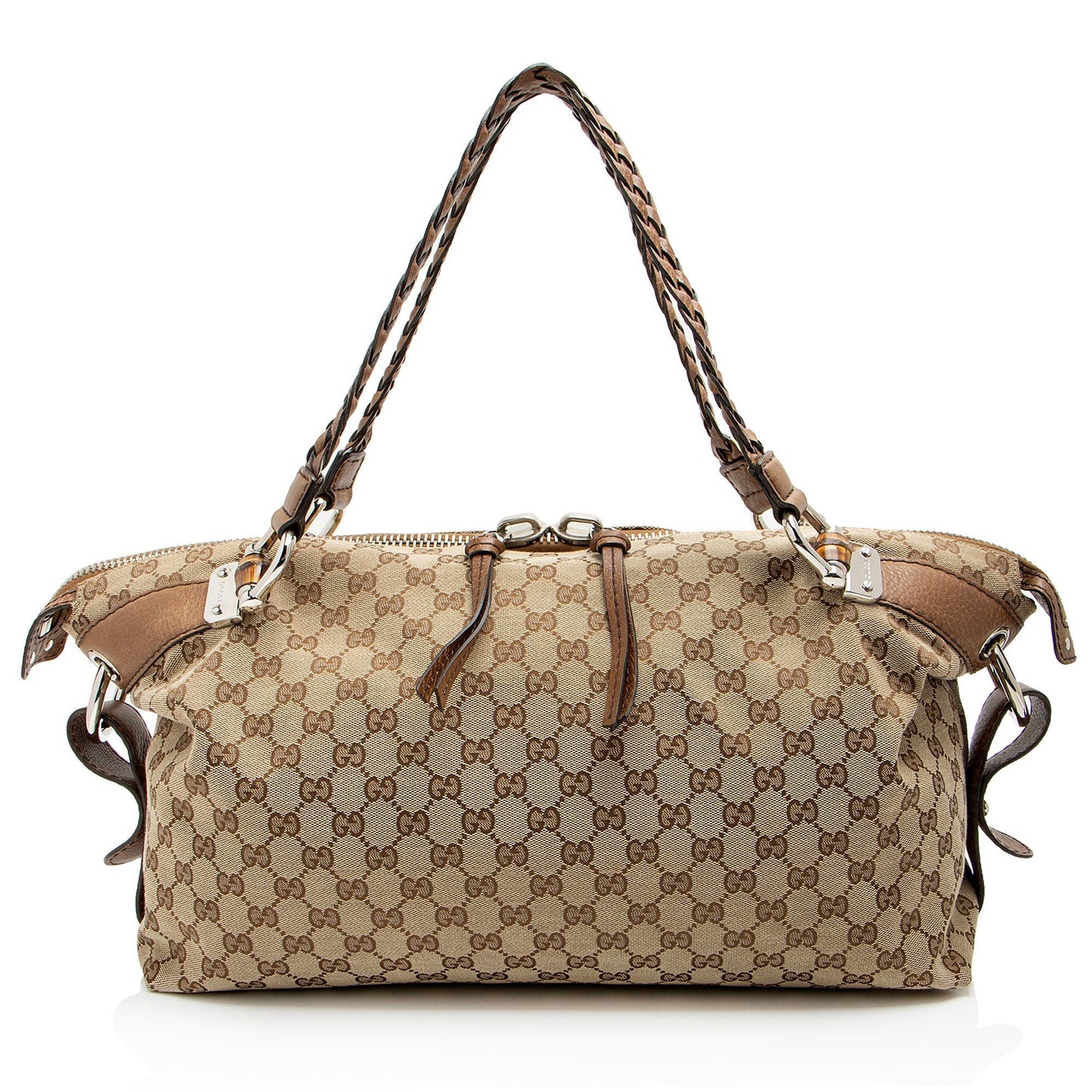 Gucci GG Bamboo Bar Leather Canvas Brown Medium Tote Bag