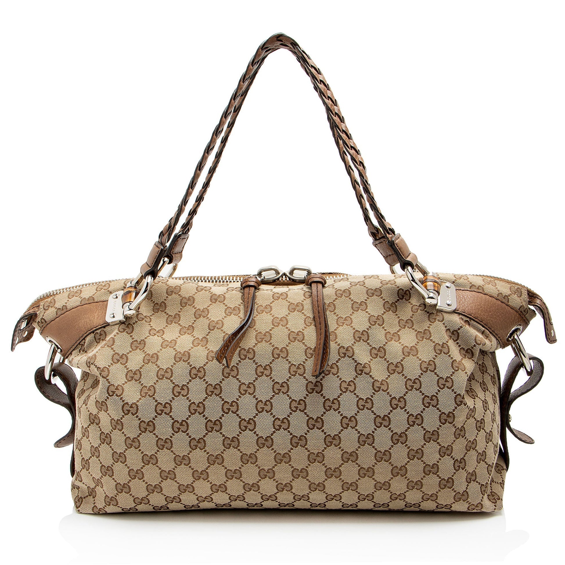 Gucci GG Bamboo Bar Leather Canvas Brown Medium Tote Bag