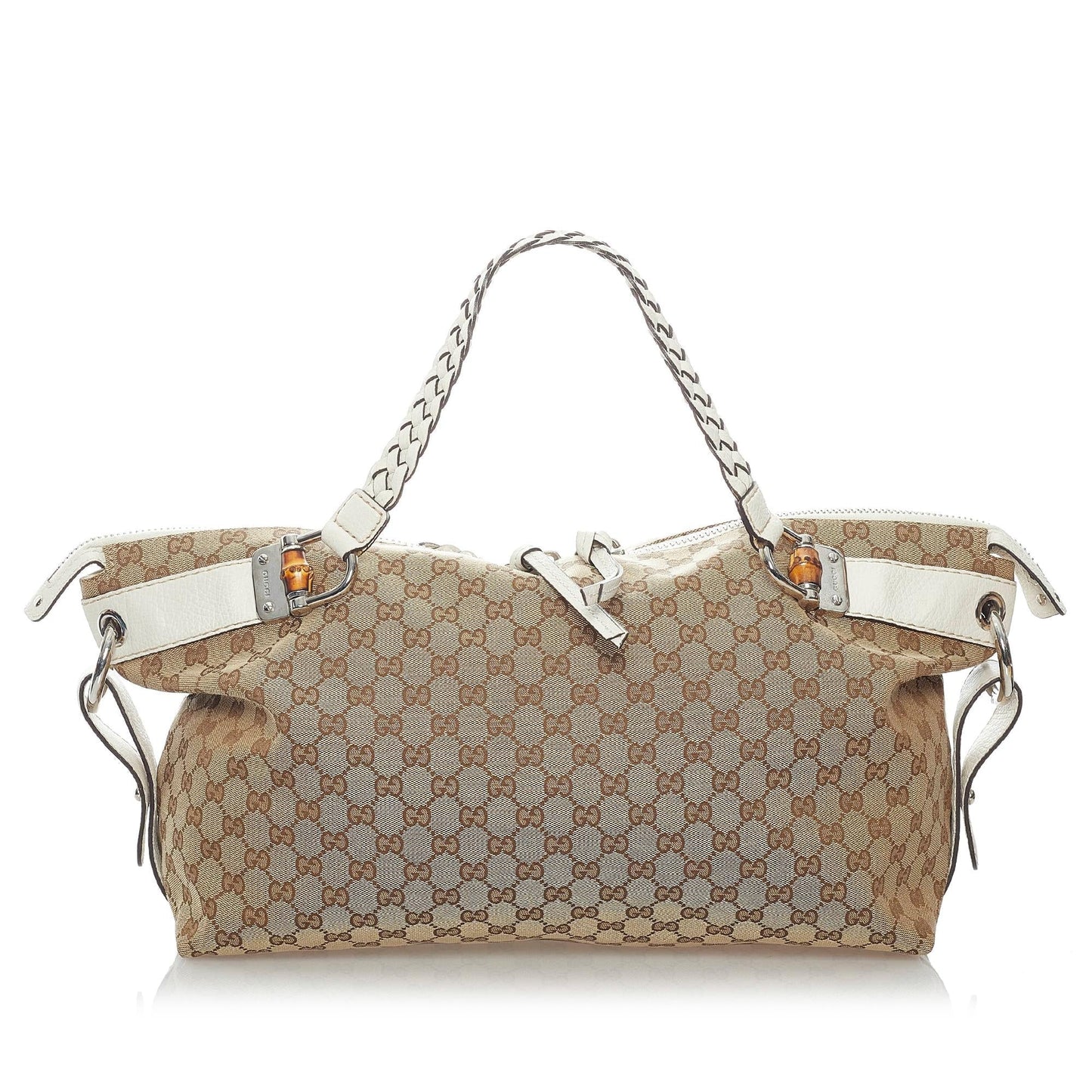 Gucci GG Bamboo Bar SHG Canvas Calf White Brown Tote Bag