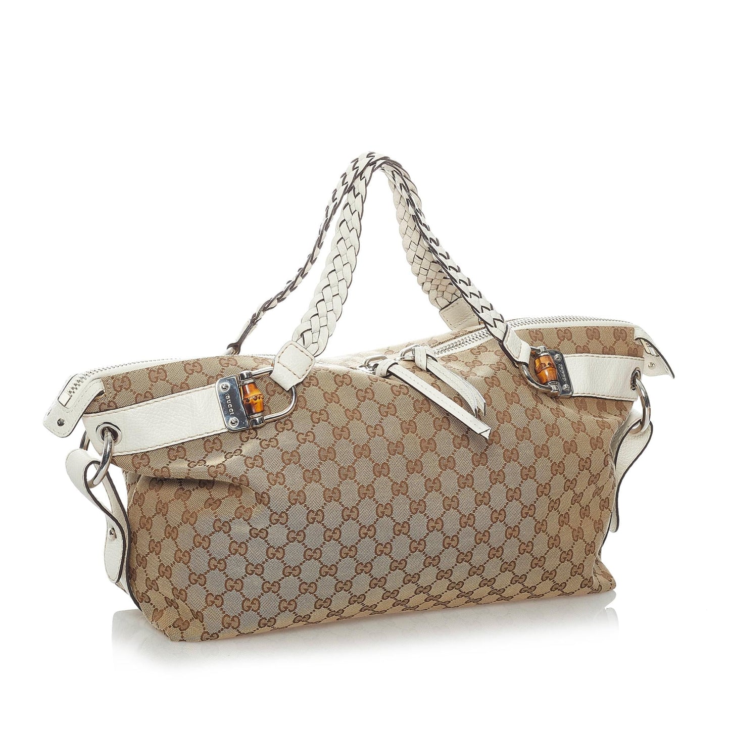 Gucci GG Bamboo Bar SHG Canvas Calf White Brown Tote Bag