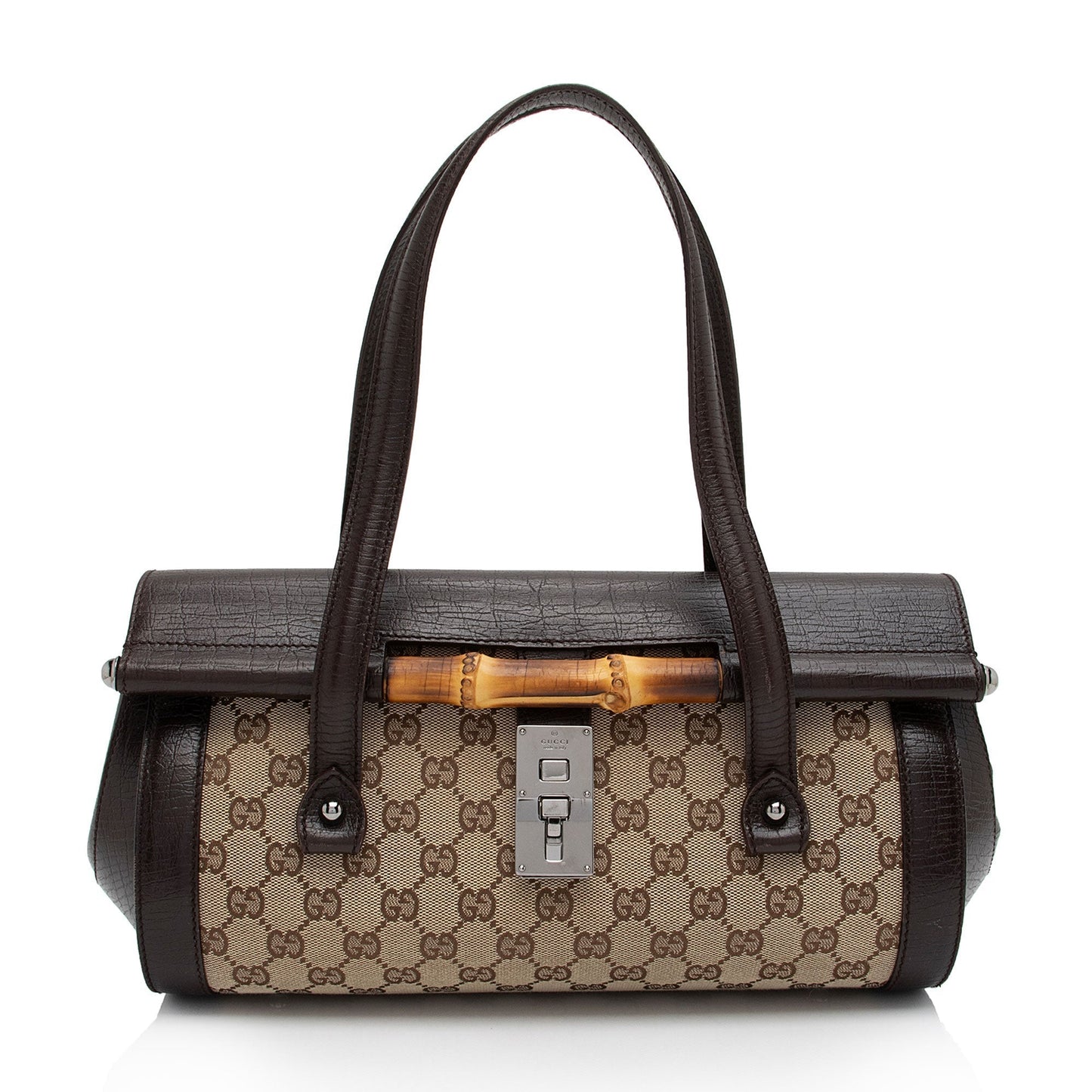 Gucci GG Bamboo Bullet SHF-6OHkiG Leather Canvas Brown Beige Satchel Bag