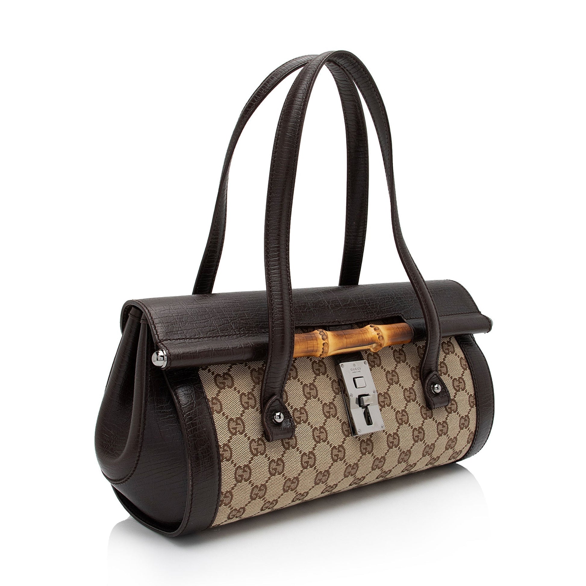 Gucci GG Bamboo Bullet SHF-6OHkiG Leather Canvas Brown Beige Satchel Bag