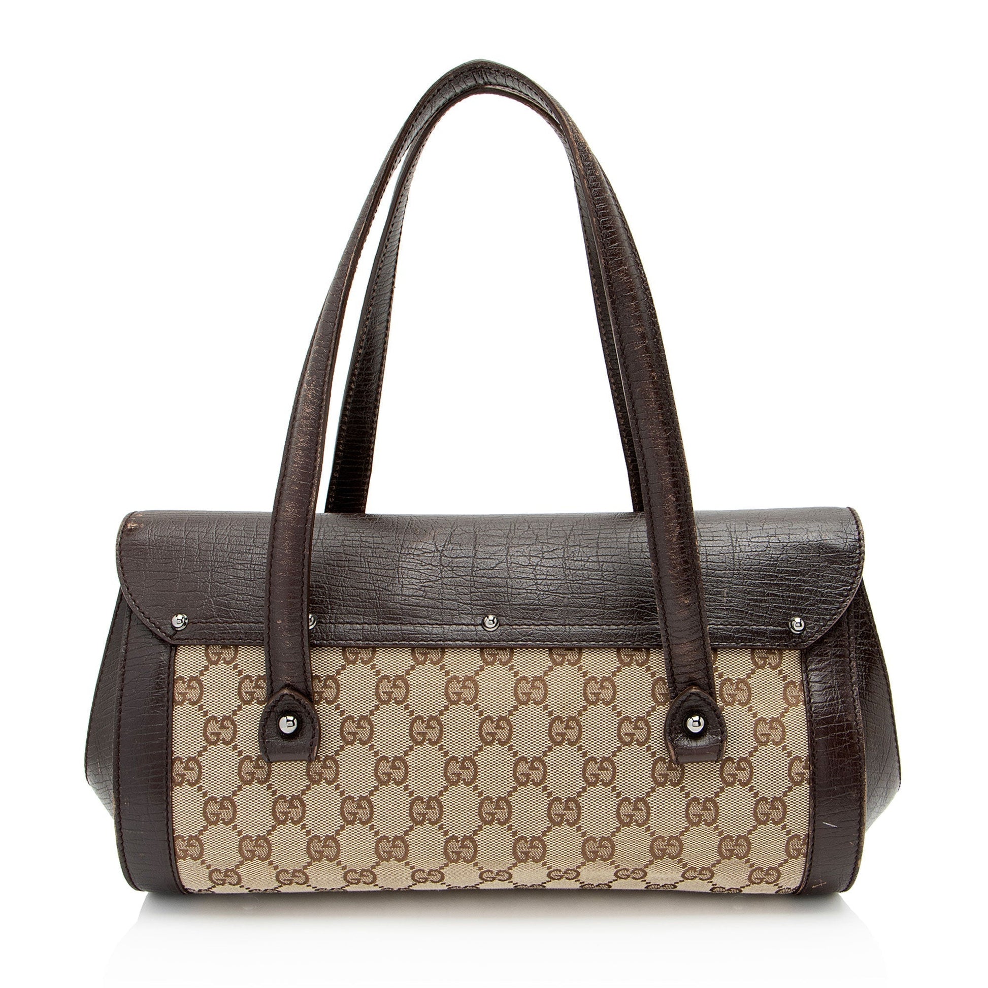 Gucci GG Bamboo Bullet SHF-QsKk05 Leather Canvas Brown Beige Satchel Bag