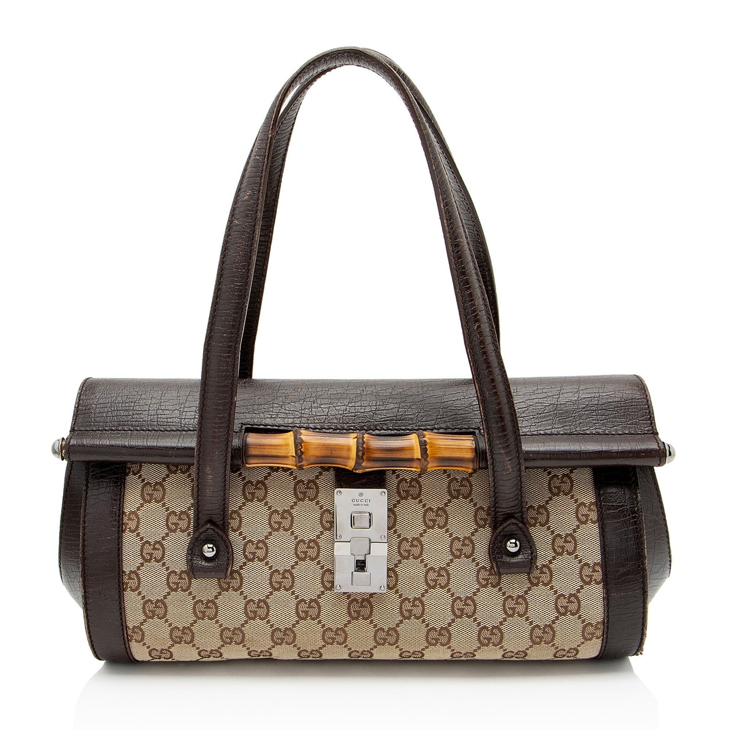 Gucci GG Bamboo Bullet SHF-QsKk05 Leather Canvas Brown Beige Satchel Bag