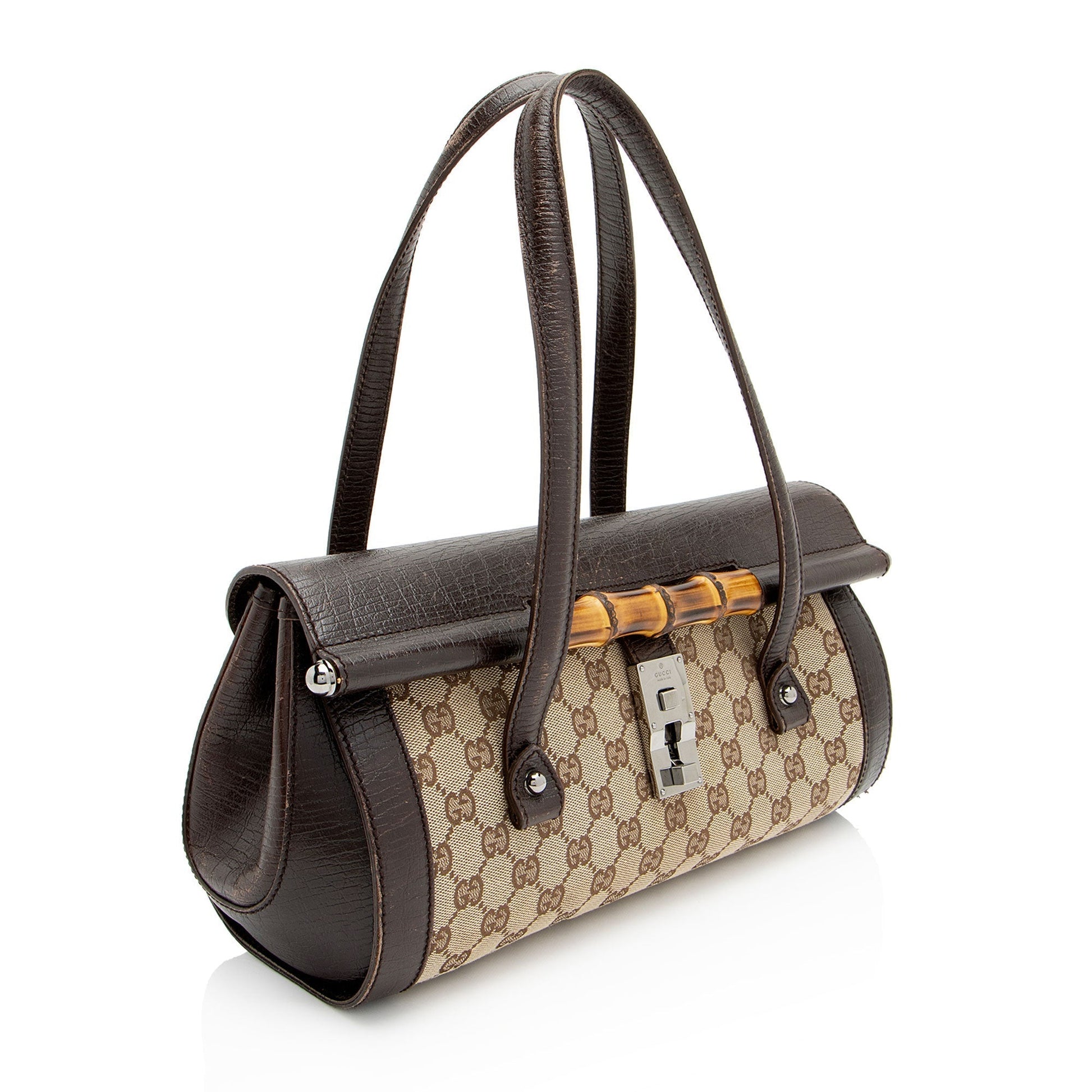 Gucci GG Bamboo Bullet SHF-QsKk05 Leather Canvas Brown Beige Satchel Bag