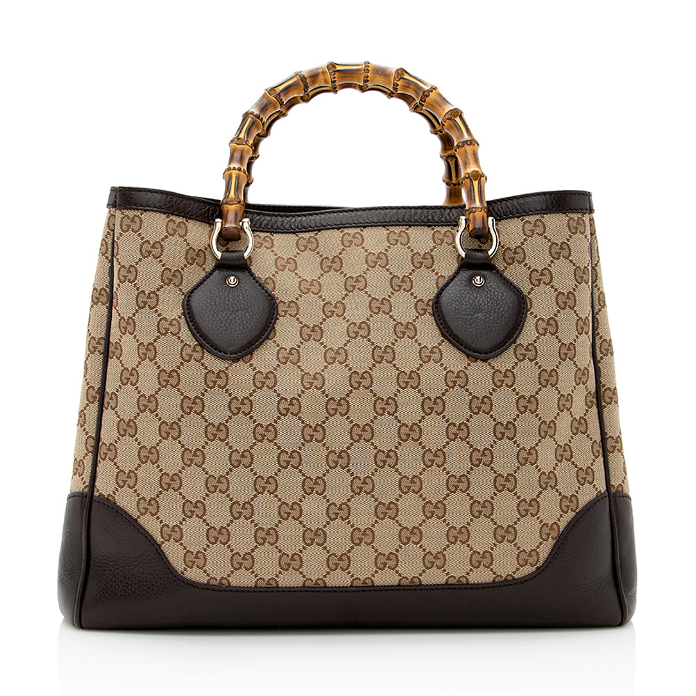 Gucci GG Bamboo Diana SHF Leather Canvas Brown Beige Tote Bag