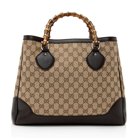 Gucci GG Bamboo Diana SHF Leather Canvas Brown Beige Tote Bag