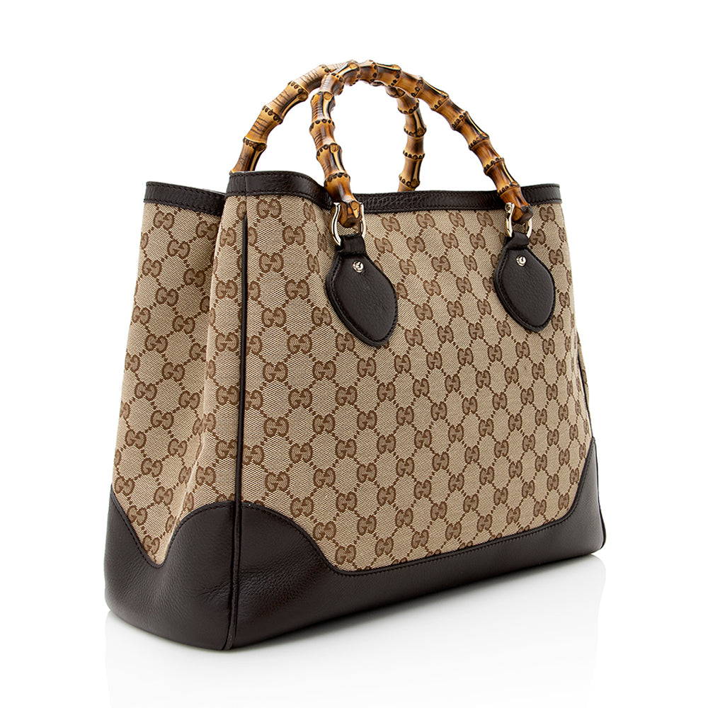 Gucci GG Bamboo Diana SHF Leather Canvas Brown Beige Tote Bag