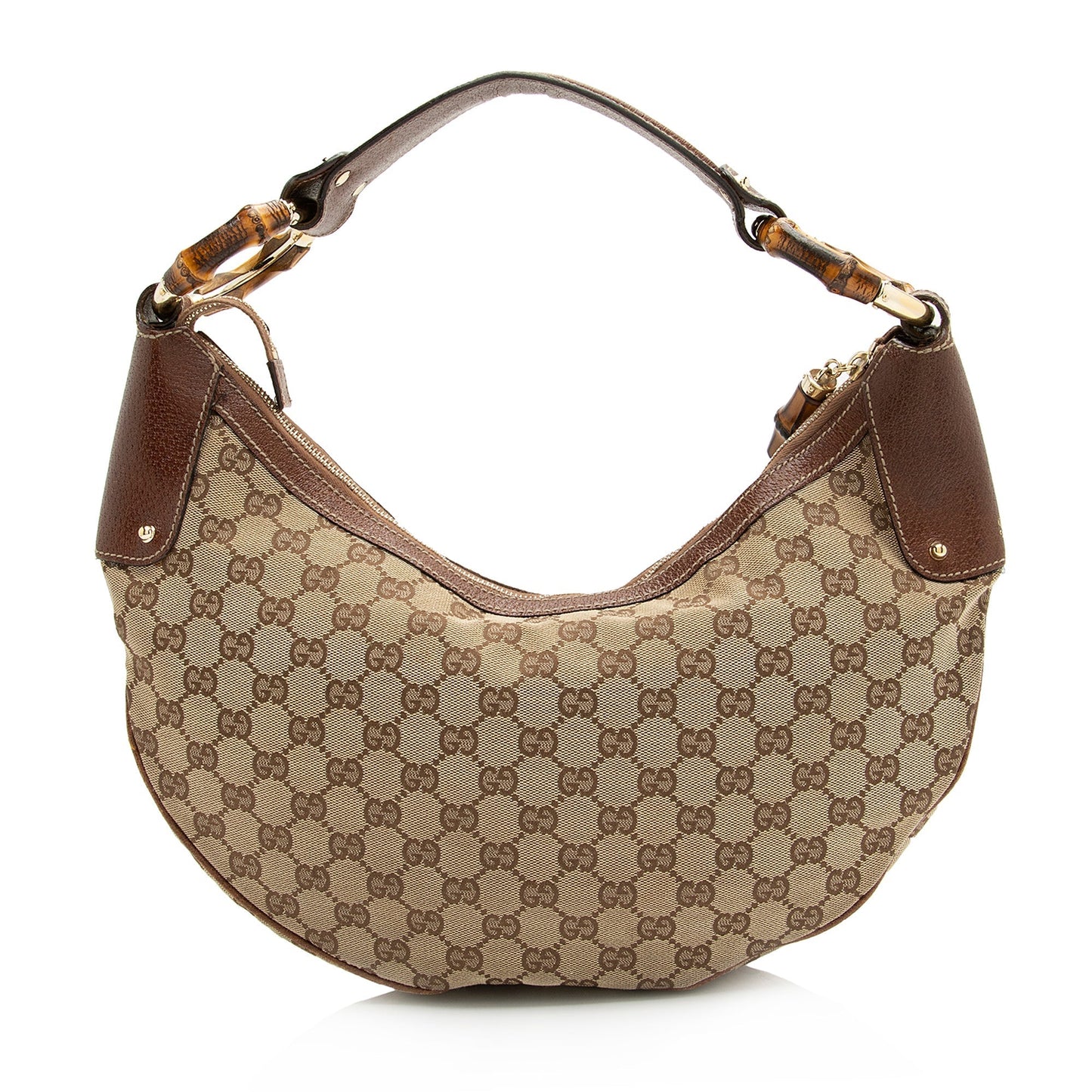 Gucci GG Bamboo Half Moon SHF Leather Canvas Brown Beige Shoulder Bag