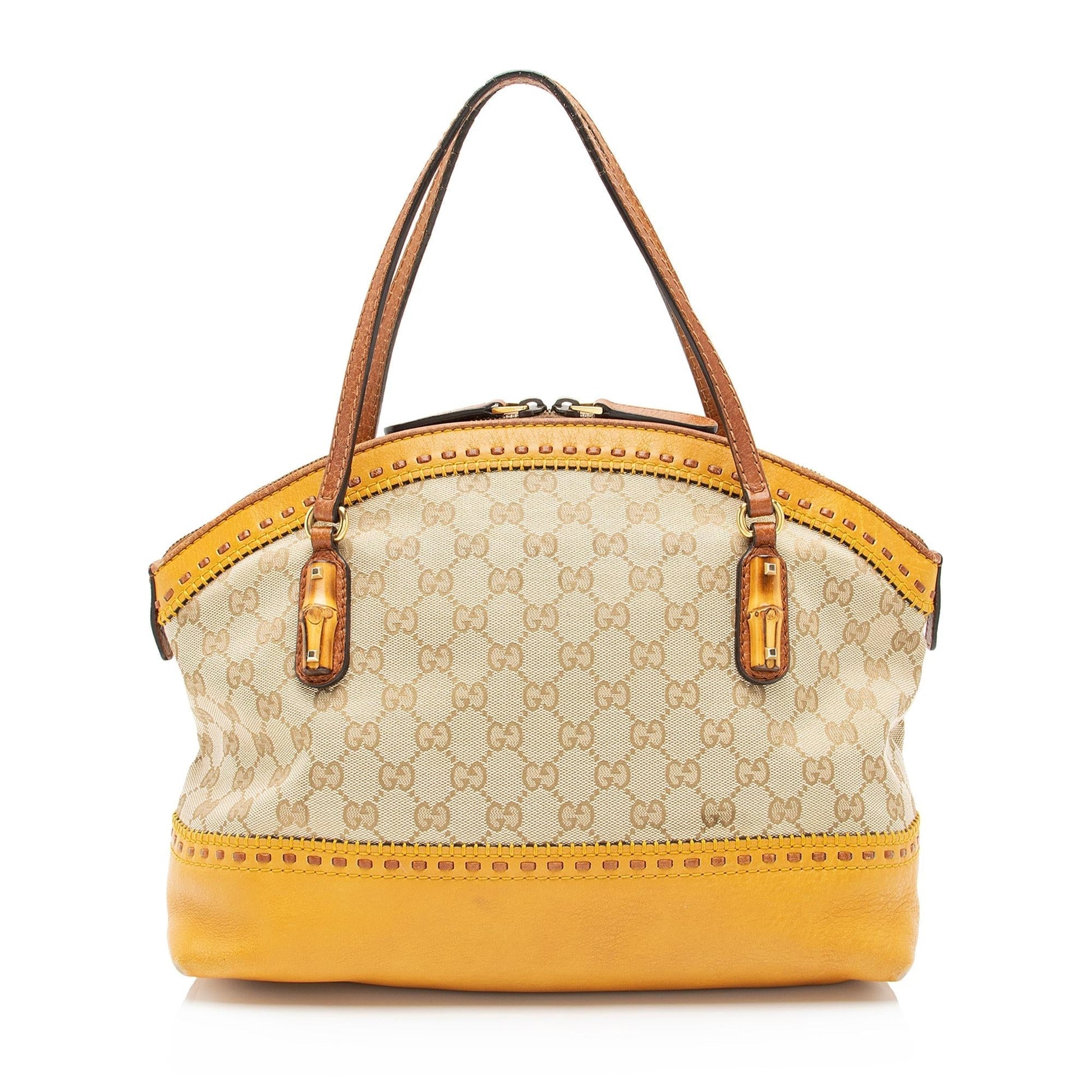 Gucci GG Bamboo Laidback Crafty Dome Leather Canvas Beige Satchel Bag
