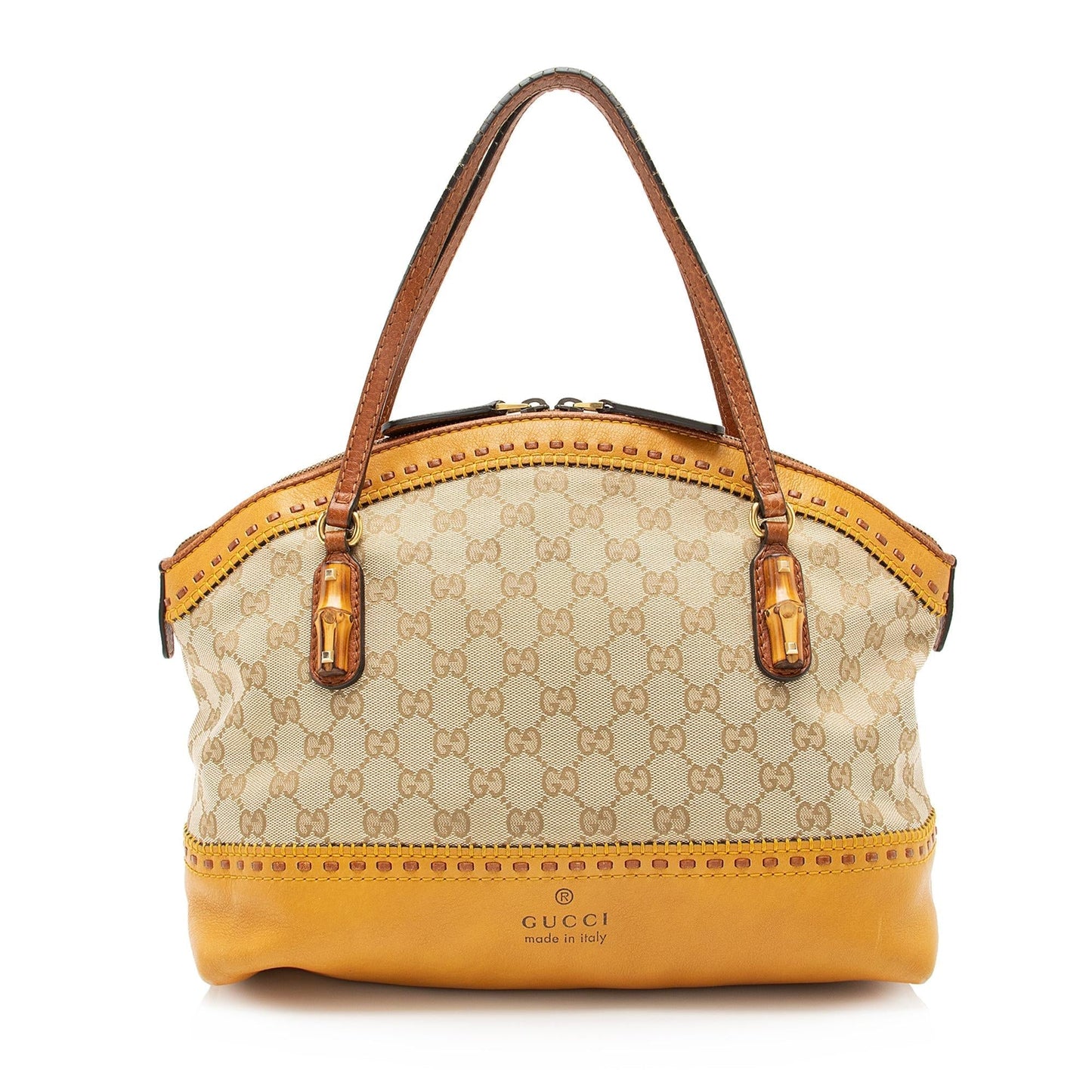 Gucci GG Bamboo Laidback Crafty Dome Leather Canvas Beige Satchel Bag